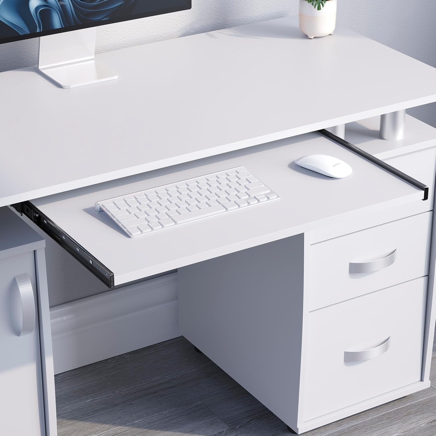 White 3 Drawer Computer Desk w/Shelves, Keyboard Tray 120cm Workstation