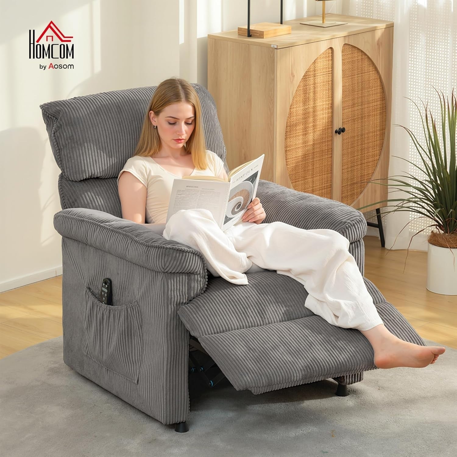 Electric Massage Recliner Chair Heat USB Port Corduroy Power Recliner Grey