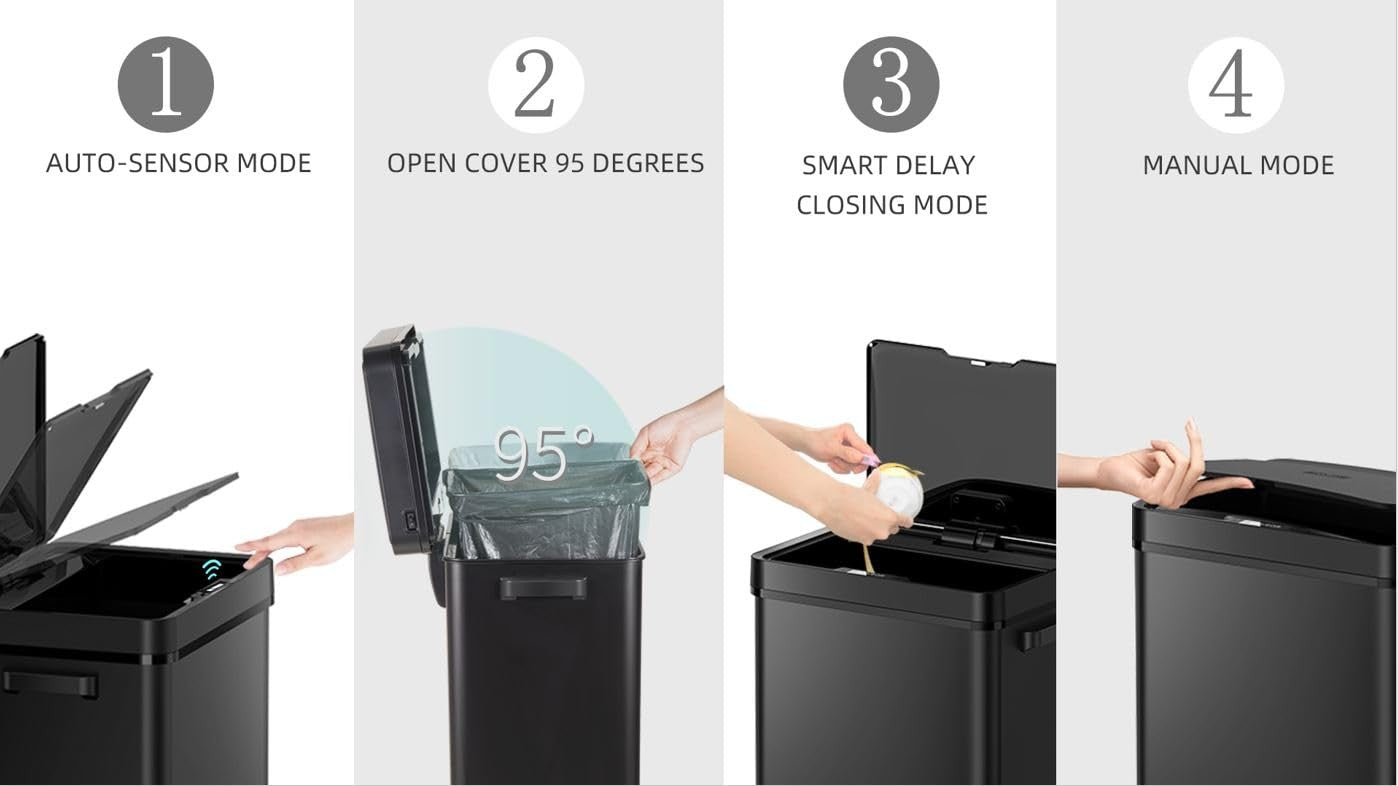 68L Touchless Kitchen Bin | Automatic Sensor Trash Can Black Steel