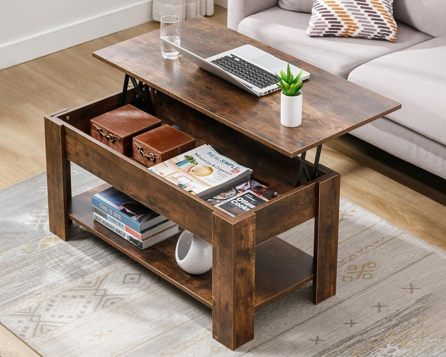 Lift Top Coffee Table with Storage Rustic Brown, Large Hidden Compartment 100x50