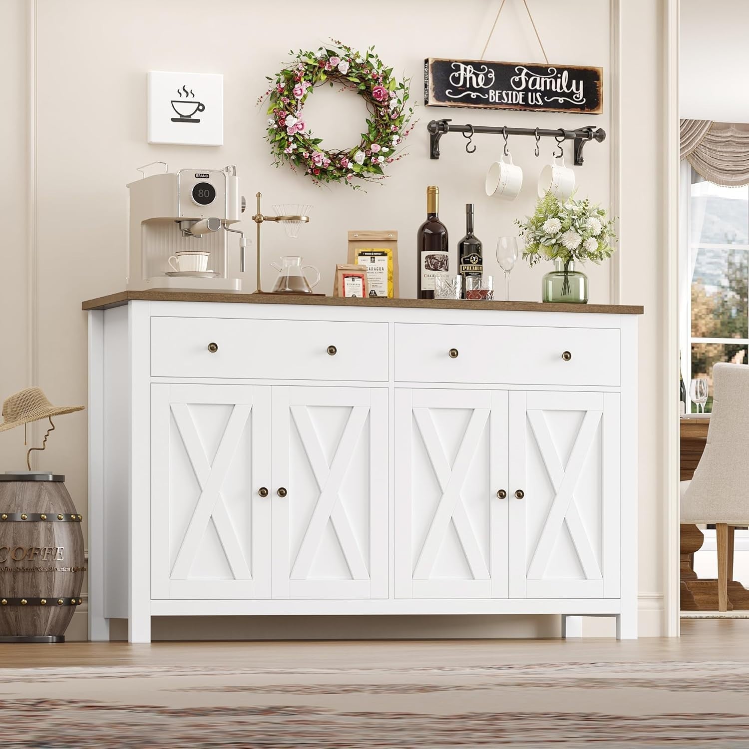 White Kitchen Sideboard Cabinet 3 Doors 2 Drawers Adjustable Shelves Large