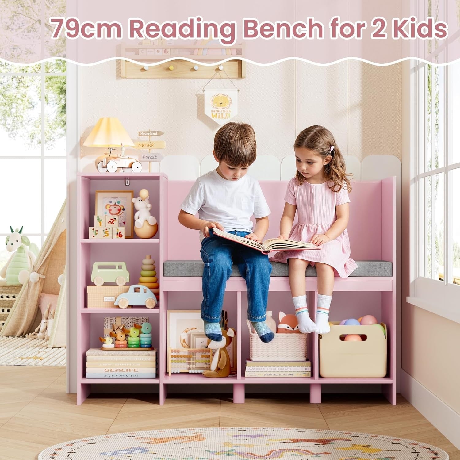 Kids Bookcase with Seat Cushion 6 Cube Toy Storage Shelf Bench Pink 110cm