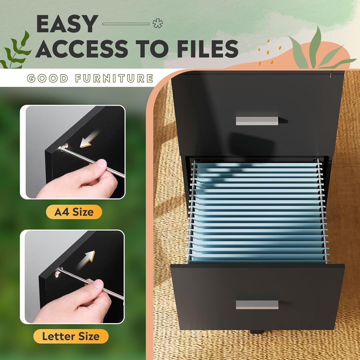 Black 3 Drawer Lockable Filing Cabinet with Wheels A4 Storage Office Drawer Unit