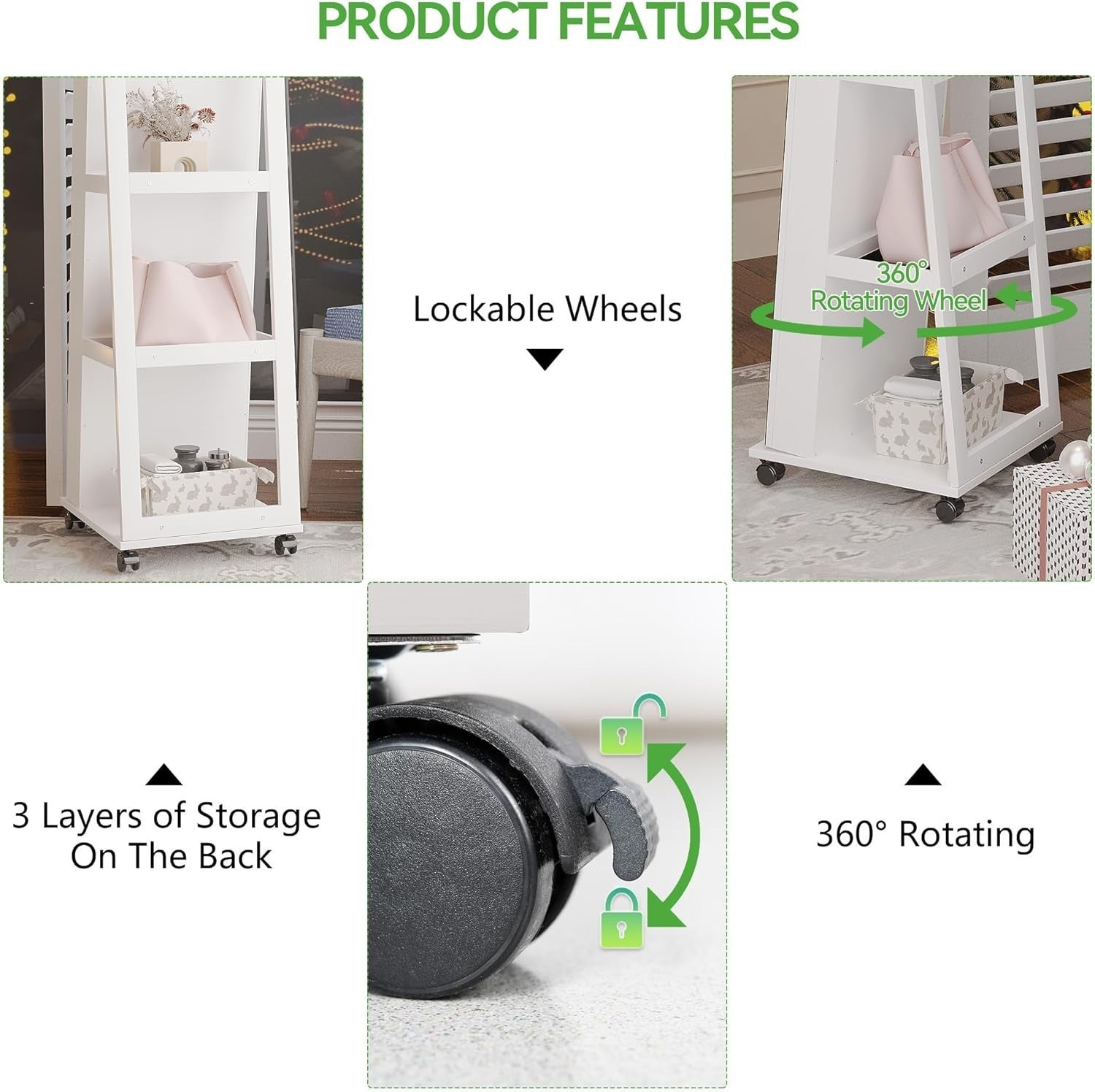 White 360° Swivel LED Jewelry Cabinet Mirror Lockable Rolling Organizer