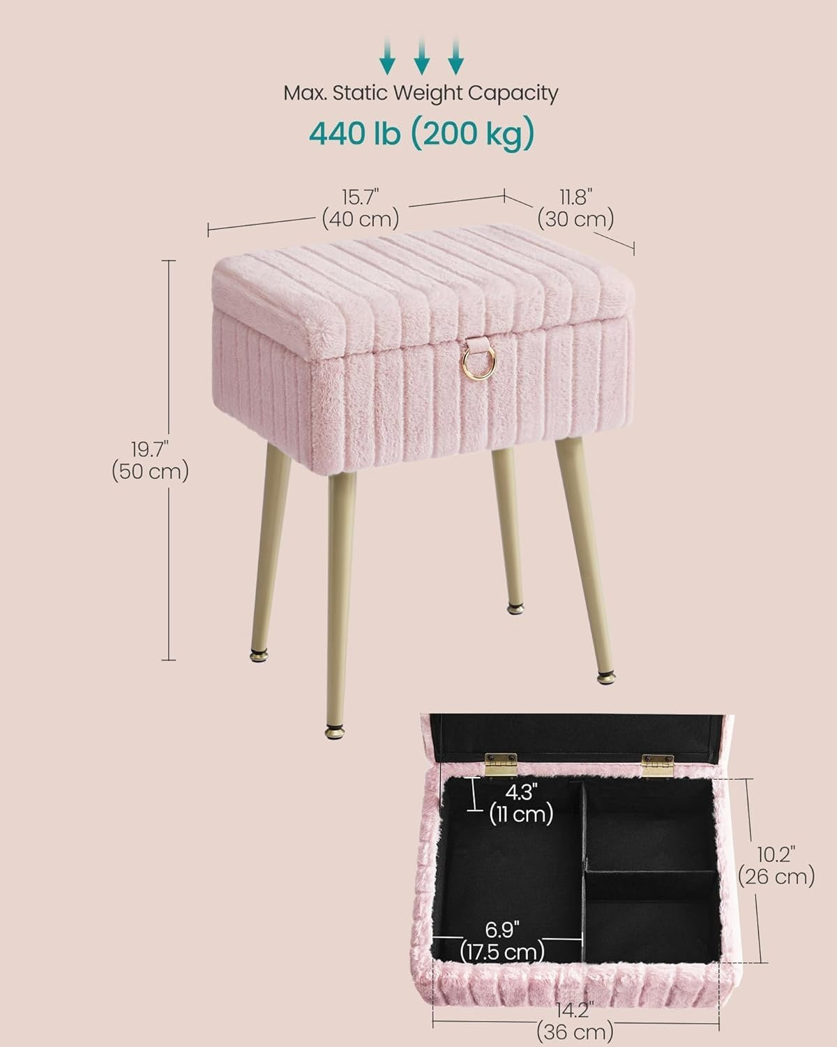 Jelly Pink Vanity Stool with Storage Plush Seat Ottoman Rectangular Chair