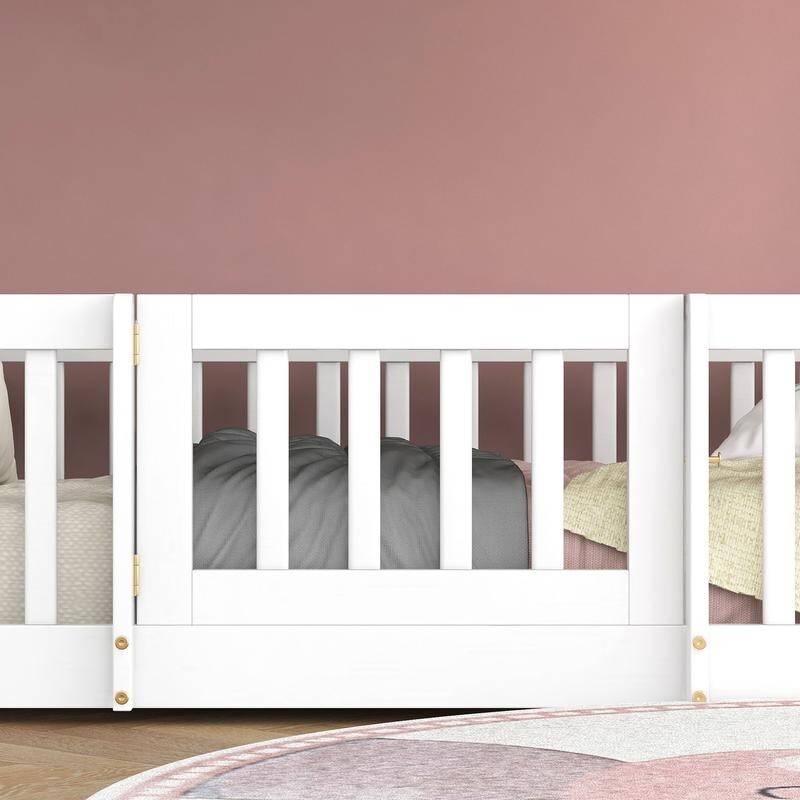 3FT White Kids Bunk Bed with Fence Door Solid Wood Frame Safety Ladder Playzone