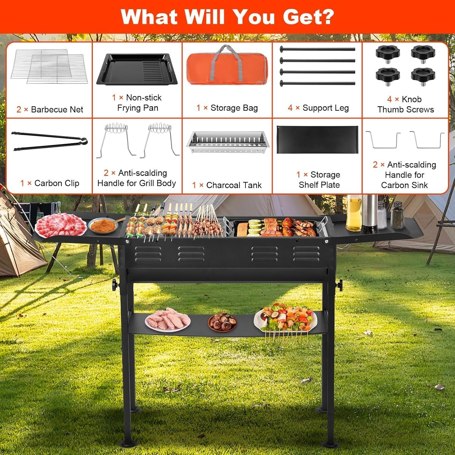 Portable Charcoal BBQ Grill with Storage Shelf Adjustable Height Outdoor Camping