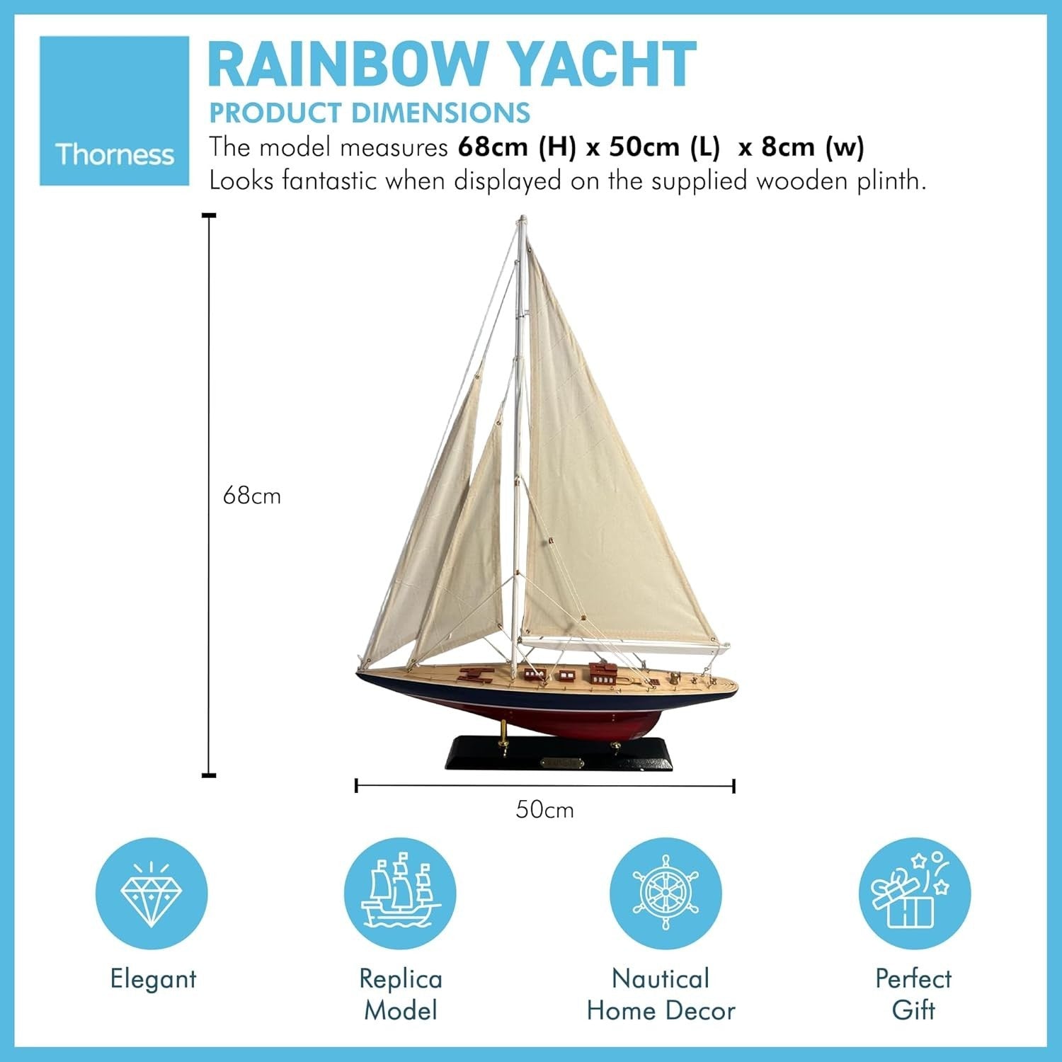 50cm Wooden Sailing Yacht Model | Nautical Decor | Detailed Sailboat Ornament