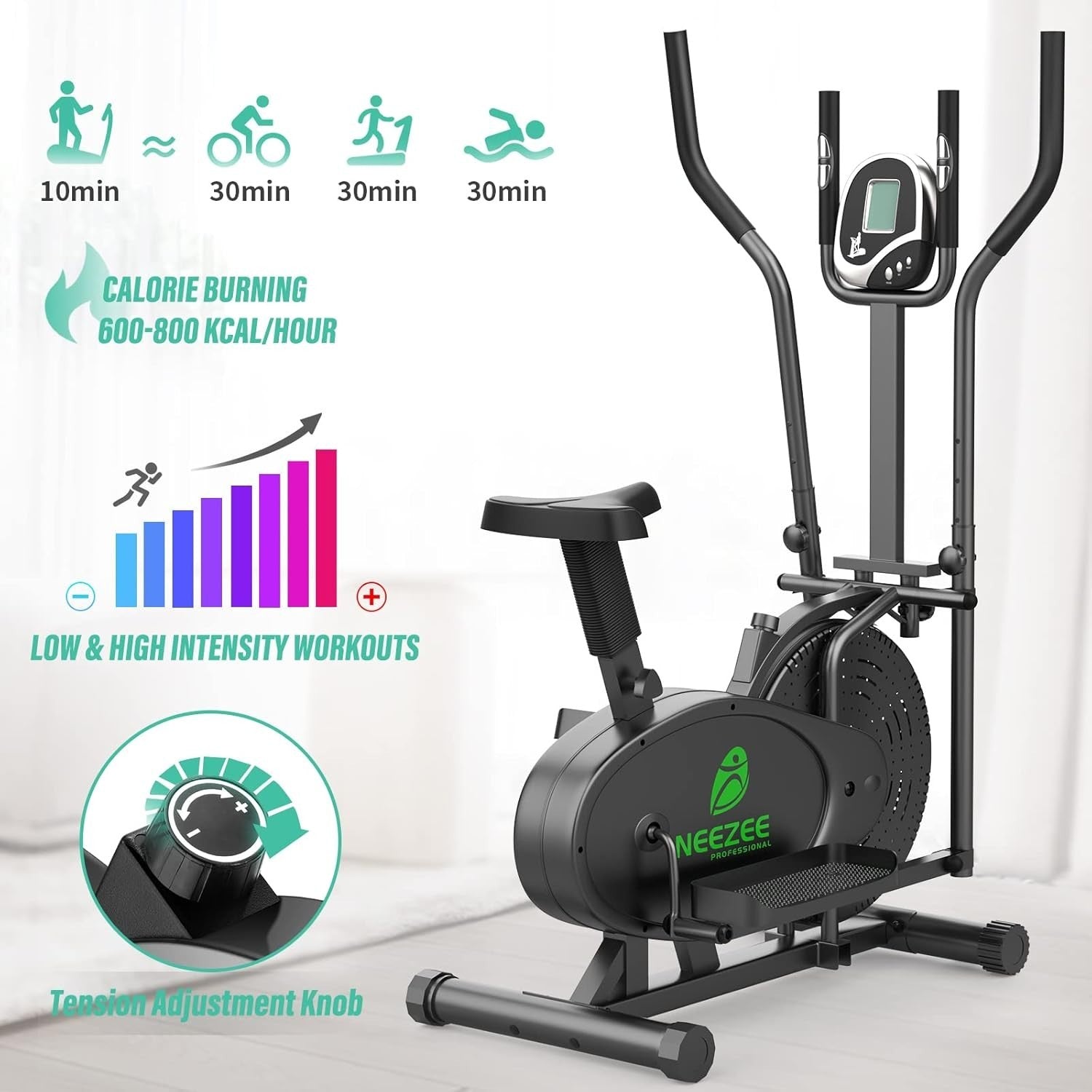 2-in-1 Elliptical Cross Trainer Home Gym with LCD & Adjustable Resistance