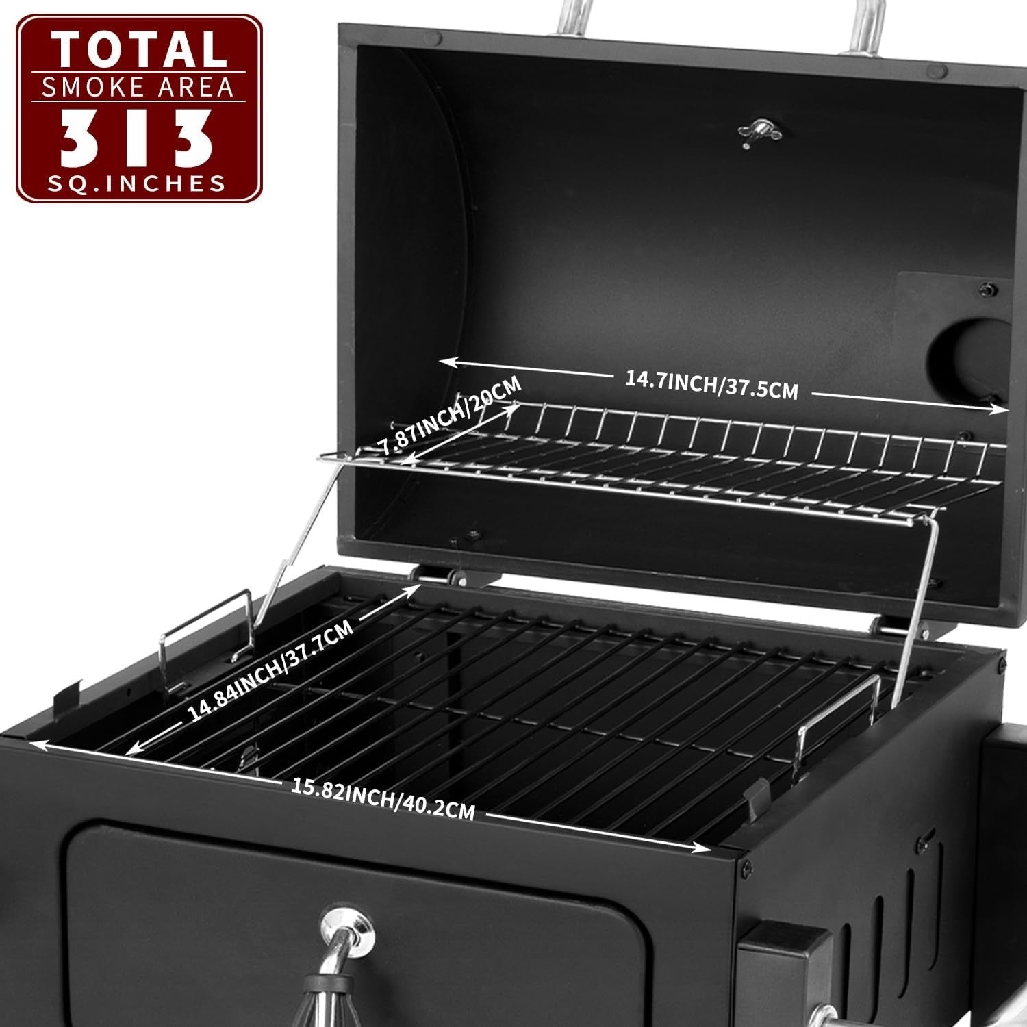 Portable Charcoal BBQ Grill with Chimney Lid & Thermometer for Camping & Patios
