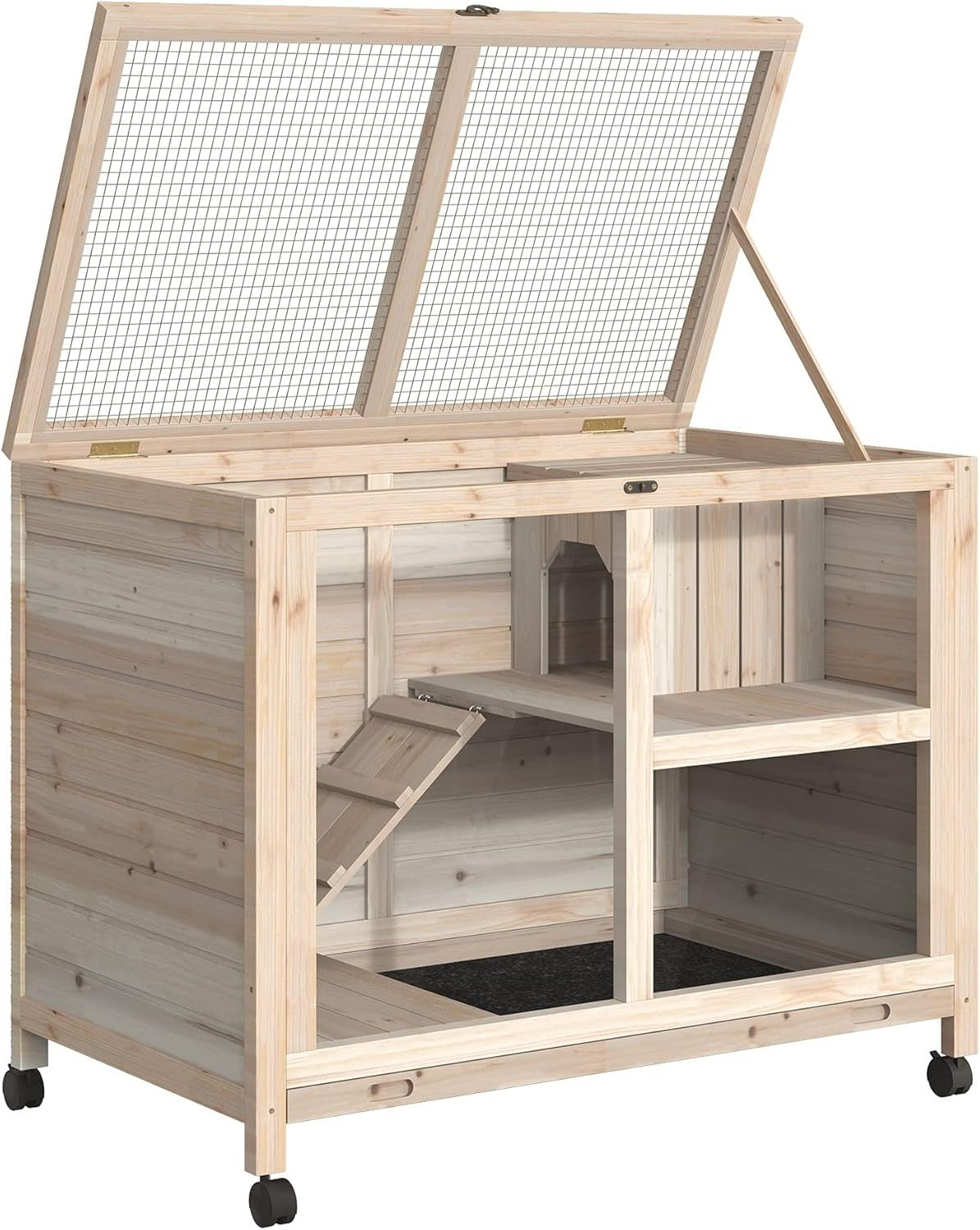 Indoor Rabbit Guinea Pig Cage Wooden Hutch 2 Tier Wheels Open Roof