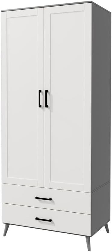Modern Grey White Wardrobe 2 Doors 2 Drawers – Bedroom Clothes Storage