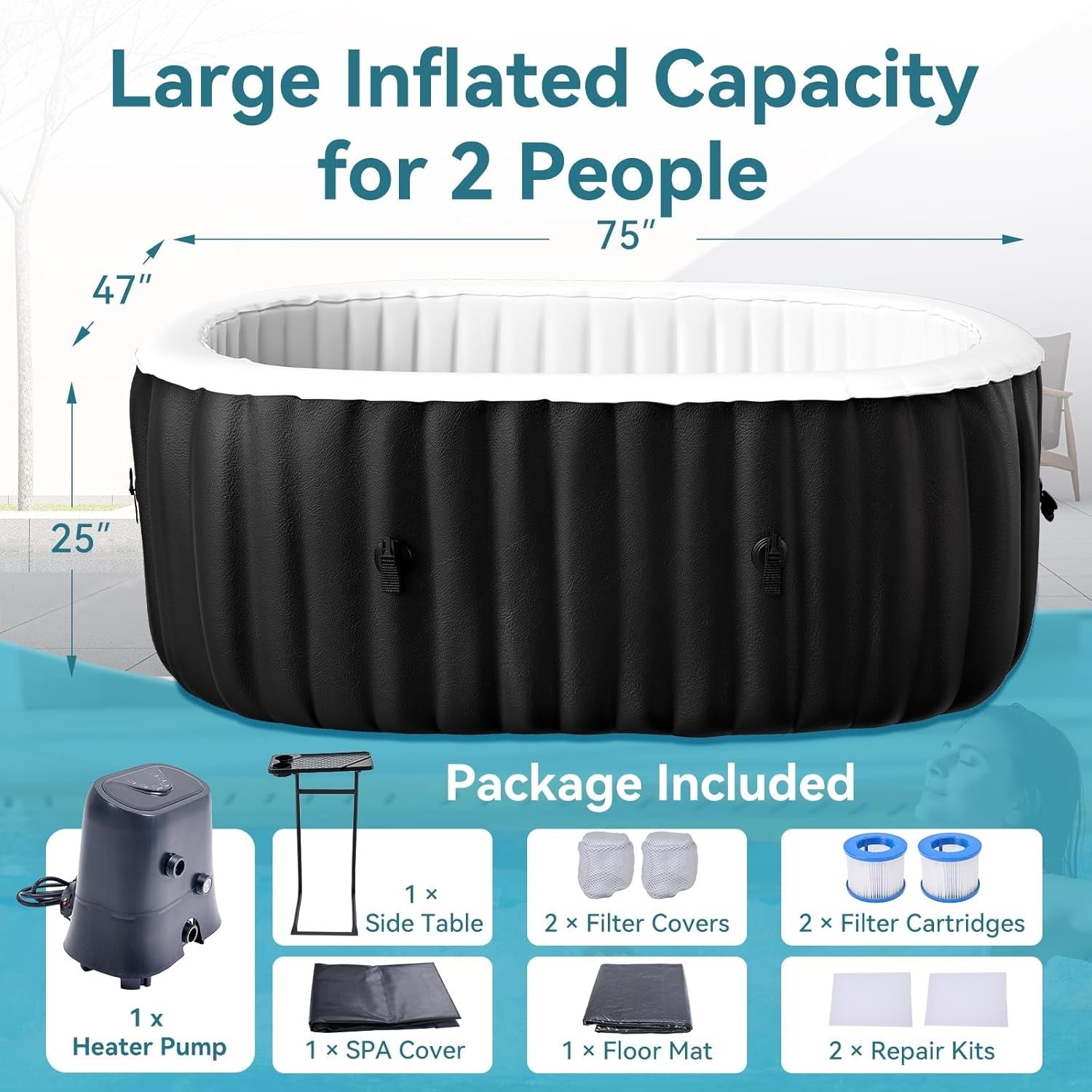 2 Person Inflatable Hot Tub Oval Spa 100 Air Jets Fast Heating Cover
