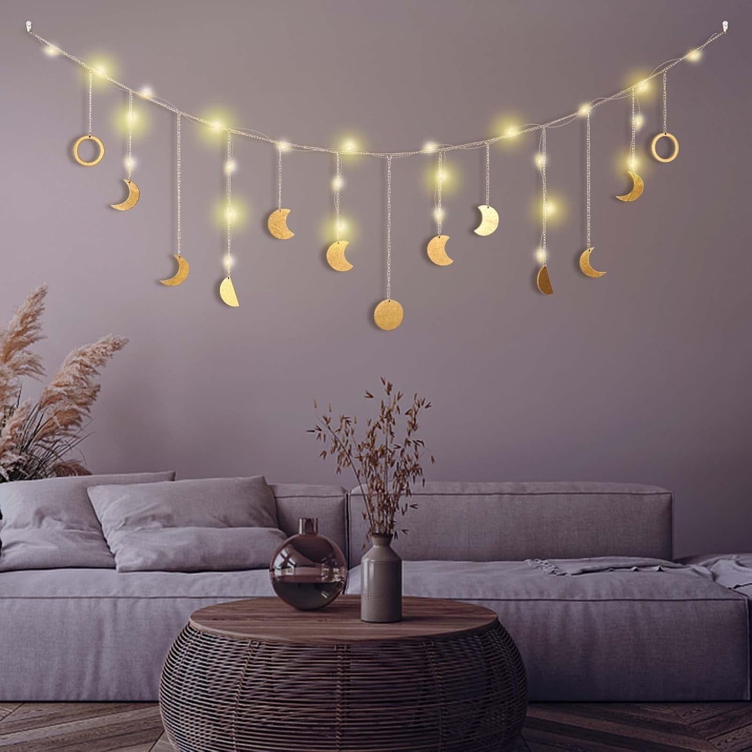 Boho Moon Phase Wall Hanging LED 13 Gold Moons 56in Decor
