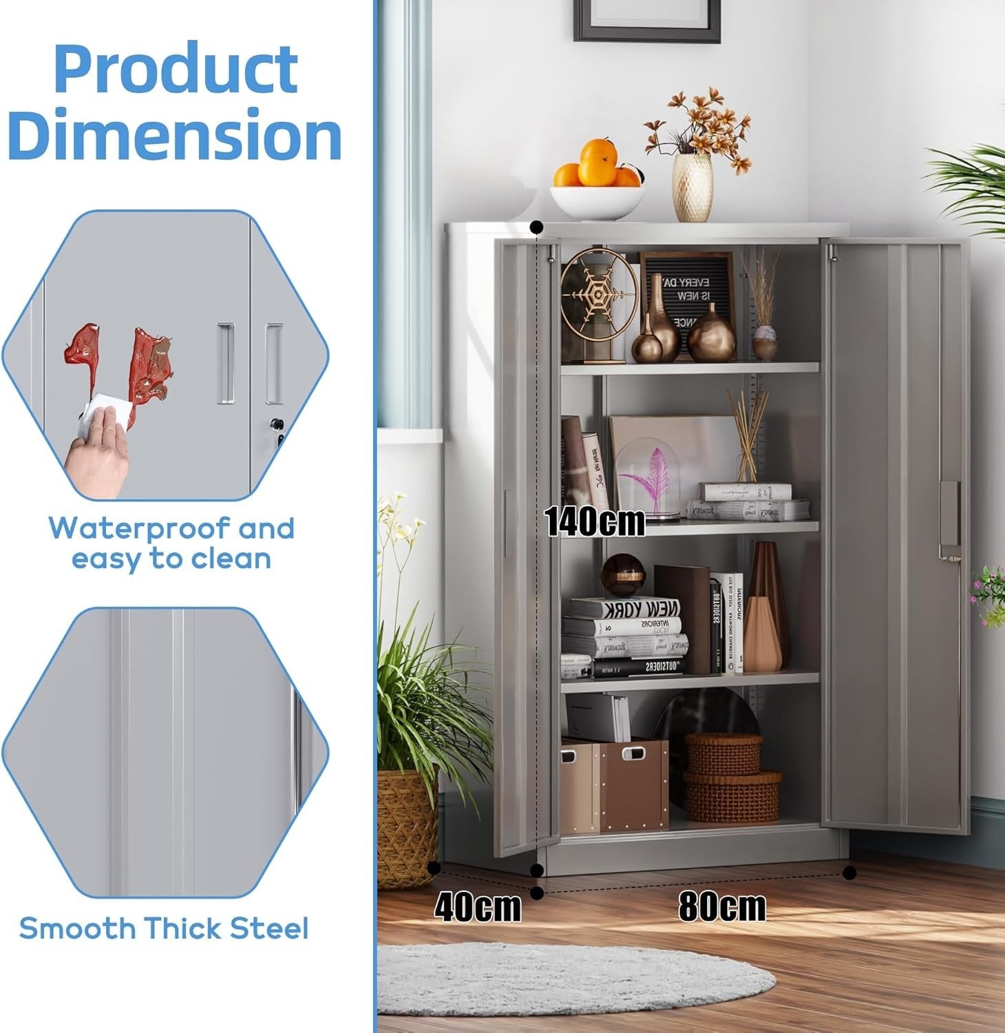 Lockable Metal Storage Cabinet 2 Doors 3 Adjustable Shelves 140x80x40cm