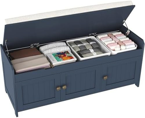Blue Shoe Storage Bench with Cushion Seat 3-Door Cabinet & Hidden Compartment