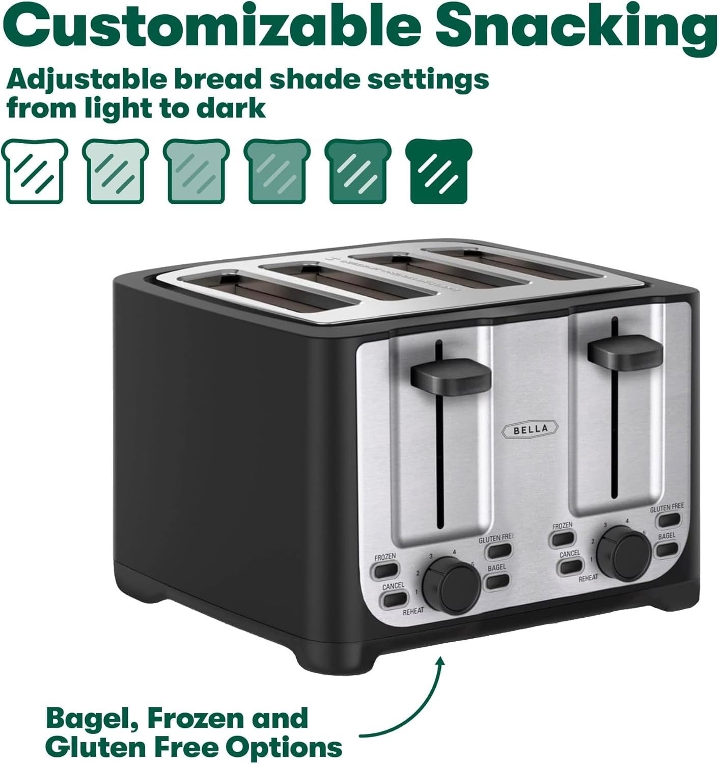 4 Slice Toaster Extra Wide Slots Crumb Tray 6 Settings Black Stainless Steel