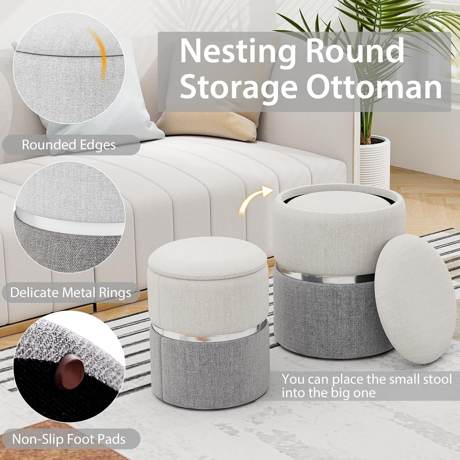 Beige & Grey Nesting Linen Storage Ottomans Set of 2 Round Footstools