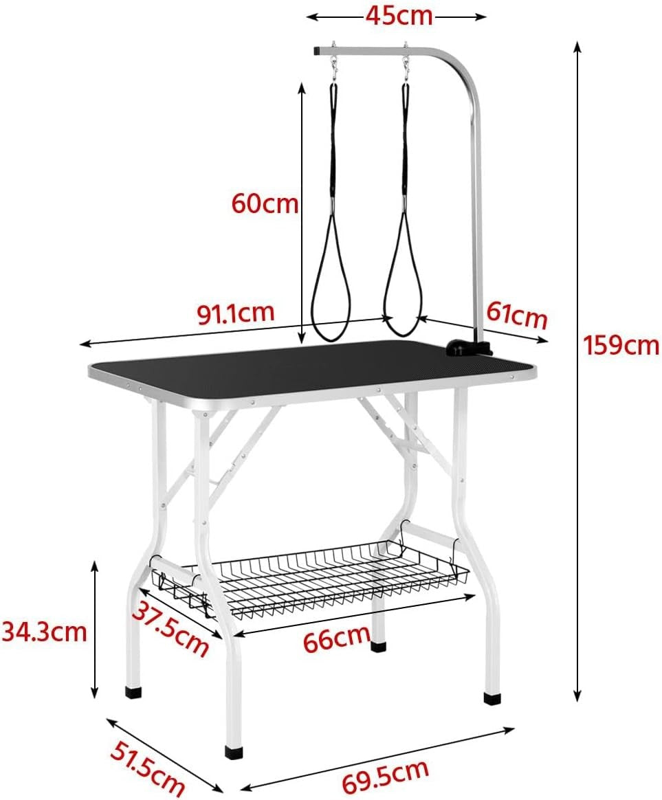 36" Dog Grooming Table Foldable Adjustable Height Non Slip w Arm Basket