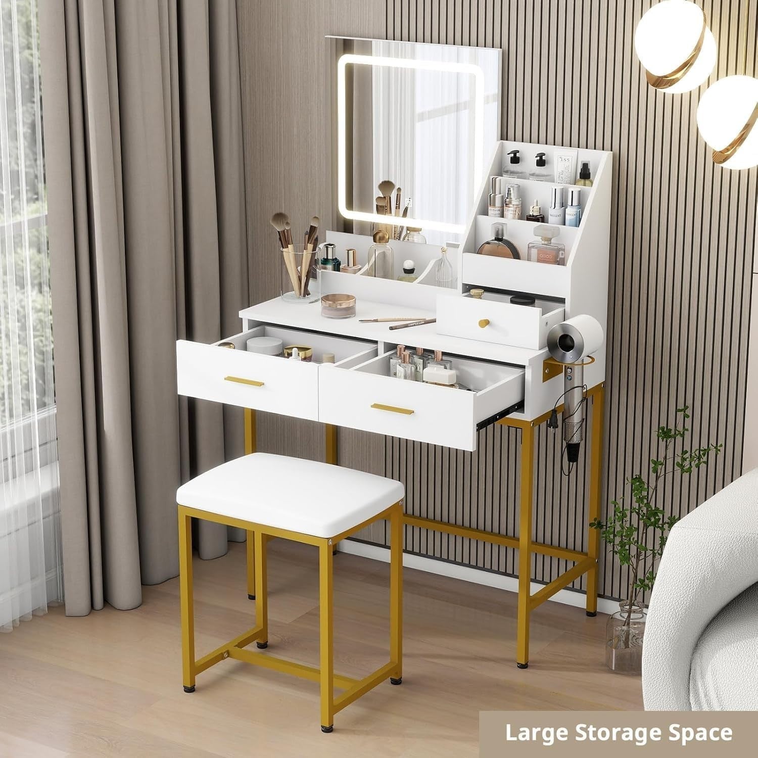 Vanity Makeup Dressing Table with LED Mirror 3-Color Light & Storage White/Gold