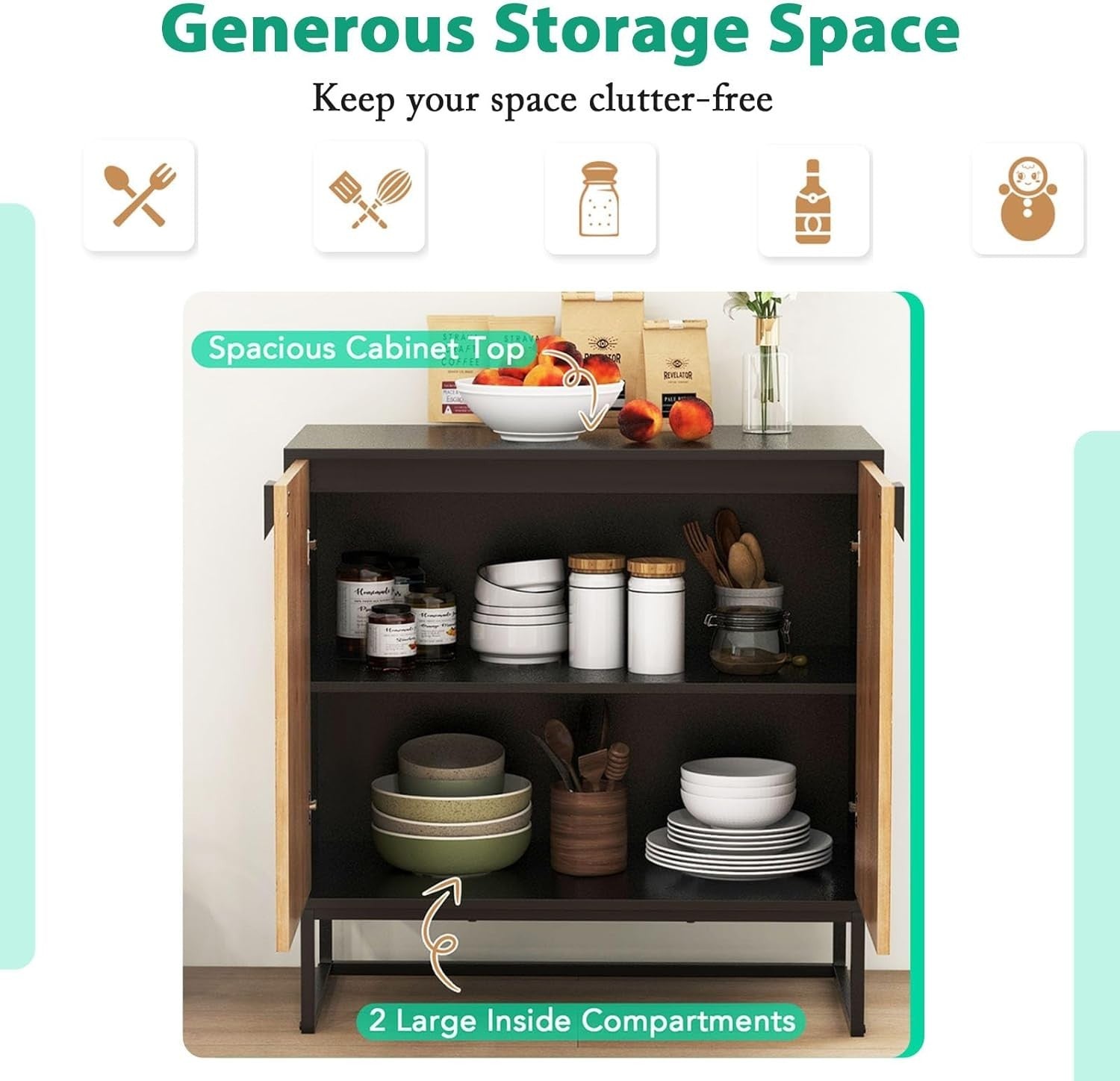 Modern 2 Door Wood Sideboard Cabinet Metal Legs Storage Unit Console