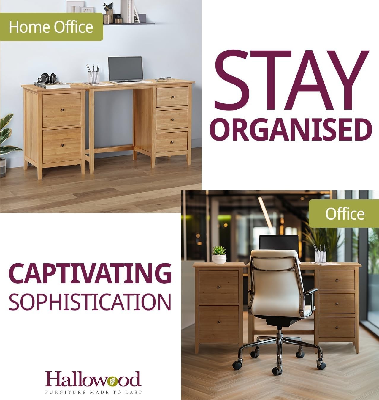 Oak Filing Cabinet 2 Drawer Wooden Office Pedestal Compact Storage