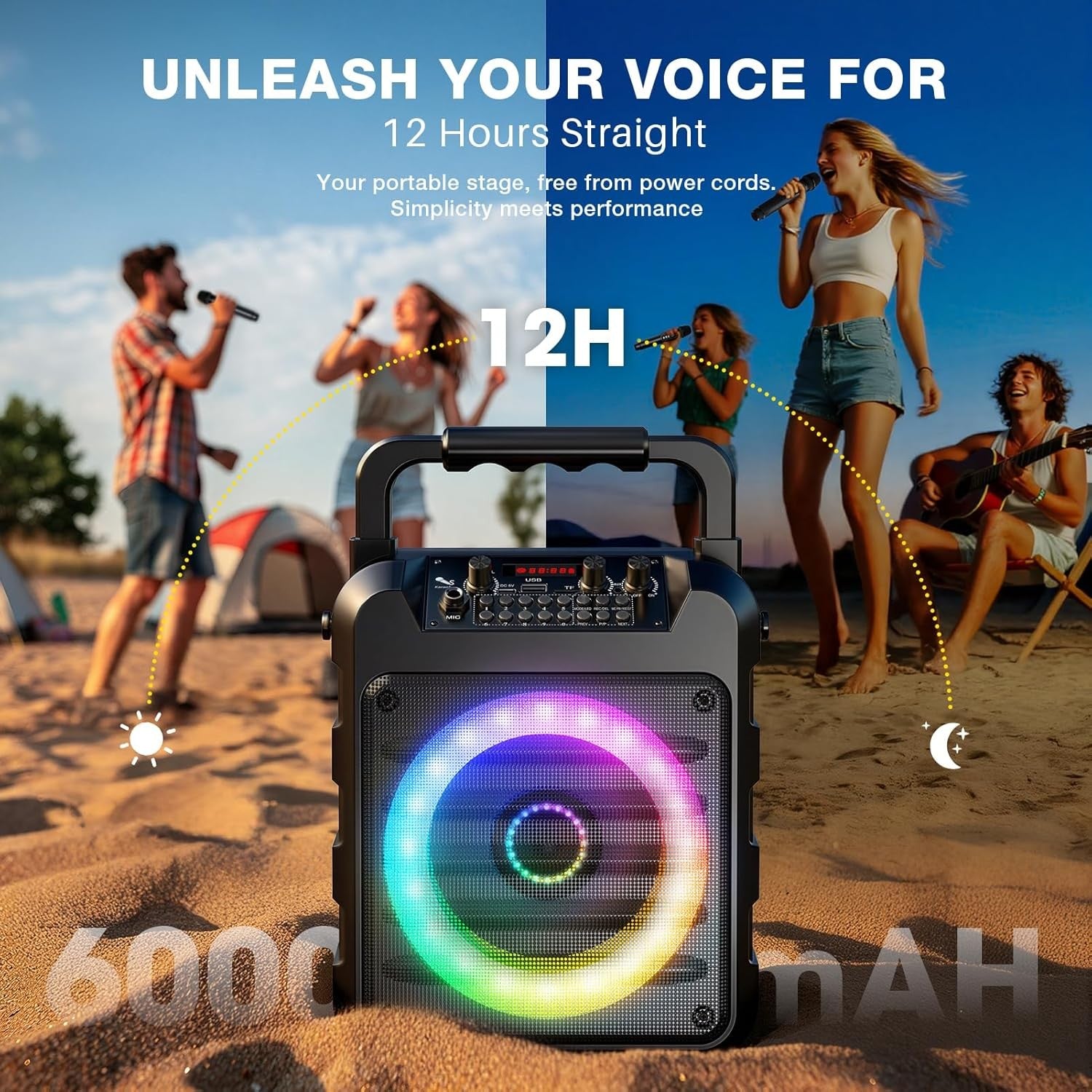 Karaoke Machine with 2 Wireless Mics Bluetooth PA Speaker LED