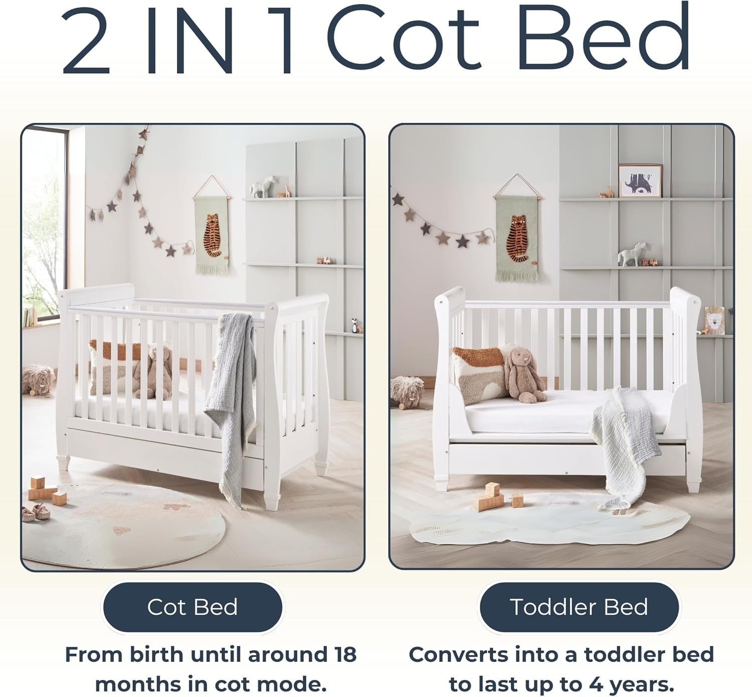 Baby Cot Bed Convertible Toddler Day Bed Adjustable Height Drop Side Bed White