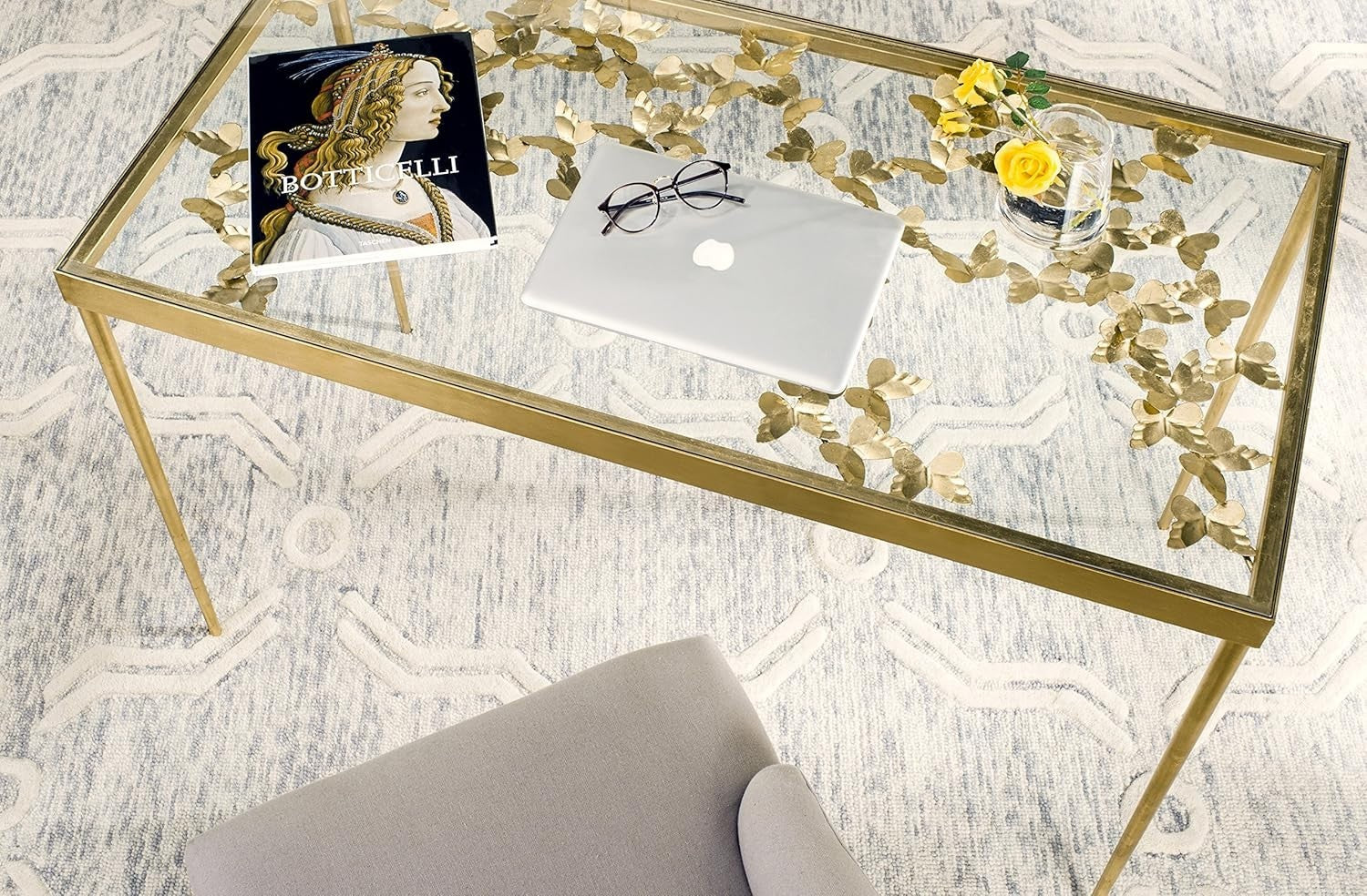 Glam Gold Leaf Writing Desk w/Clear Glass Top, Modern Iron Frame 120cm