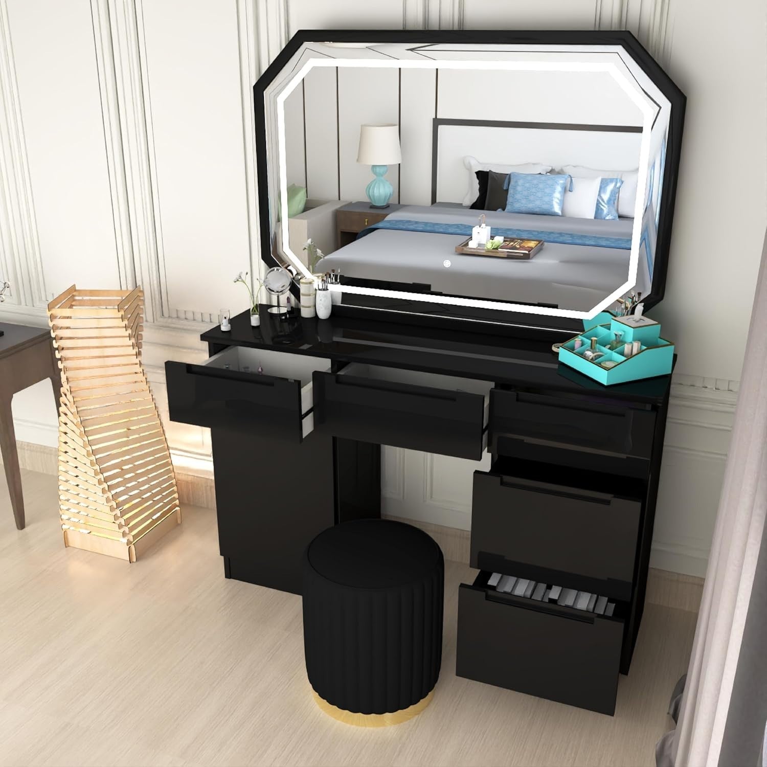 Vanity Dresser Table w/LED Mirror & Padded Stool 7 Drawers Black High Gloss