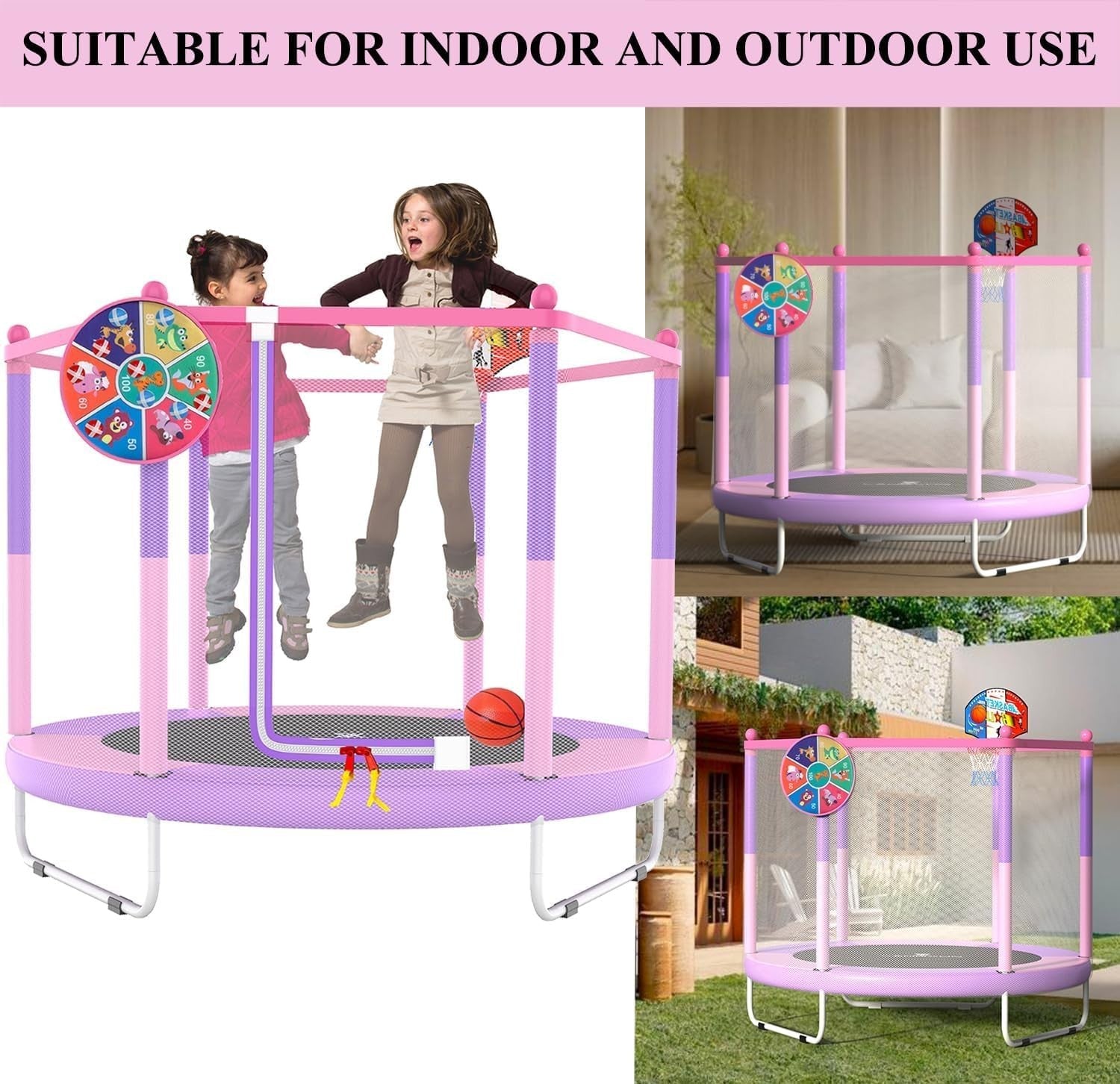 Kids Trampoline with Basketball Hoop Safety Net Indoor Outdoor 145cm