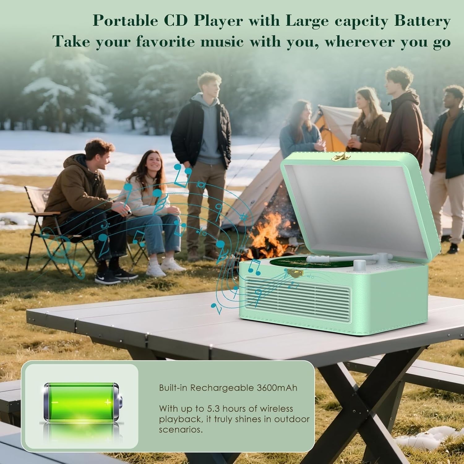 Retro Bluetooth CD Player FM Radio USB AUX HiFi Speakers Green PU