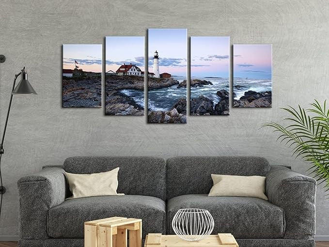 Wieco Art Island 5-Piece Modern Stretched Canvas Seascape Lighthouse Wall Art