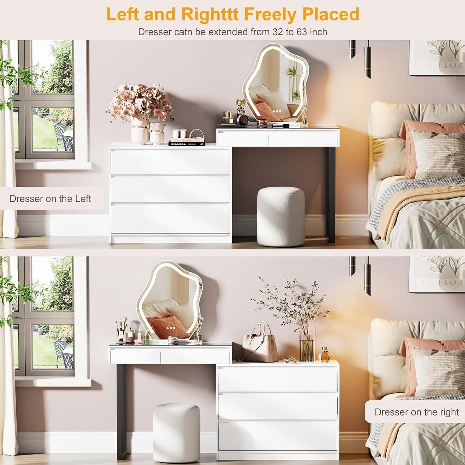 Modern Corner Vanity Dressing Table Desk Makeup Dresser LED Mirror 5 Drawers Whi