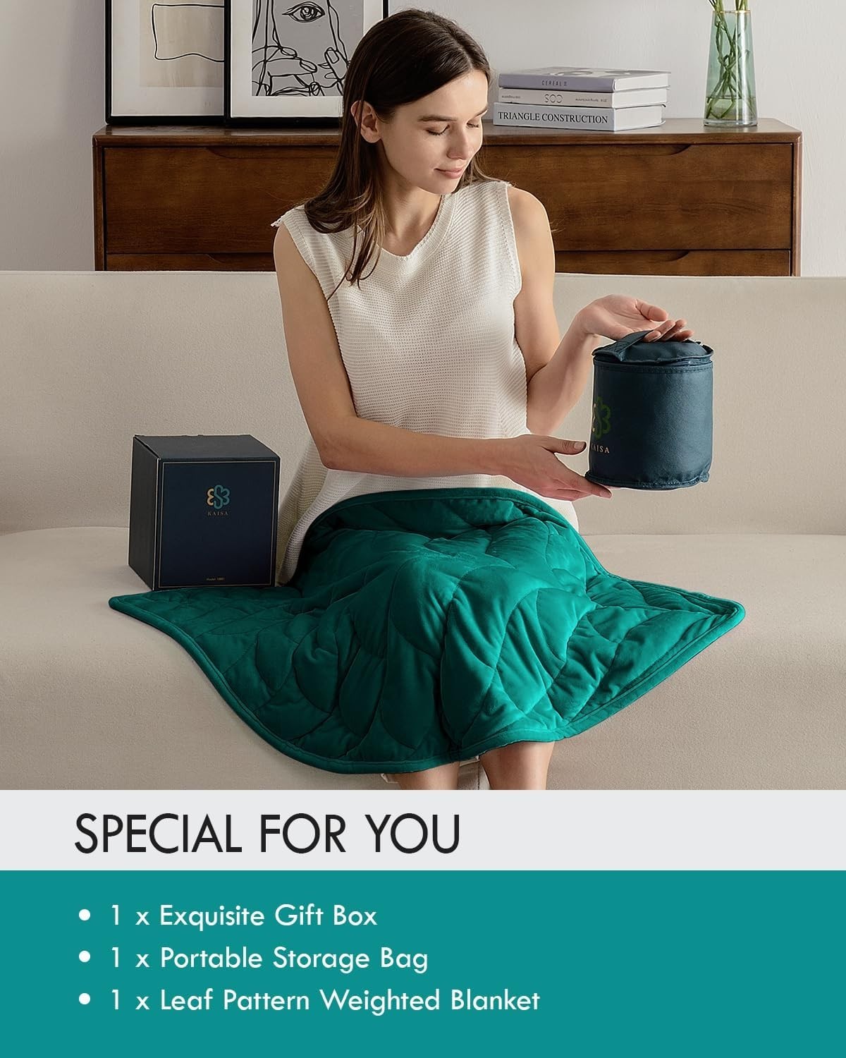 Soft Weighted Lap Blanket 5lbs Green Velvet Stress Relief Travel Leaf