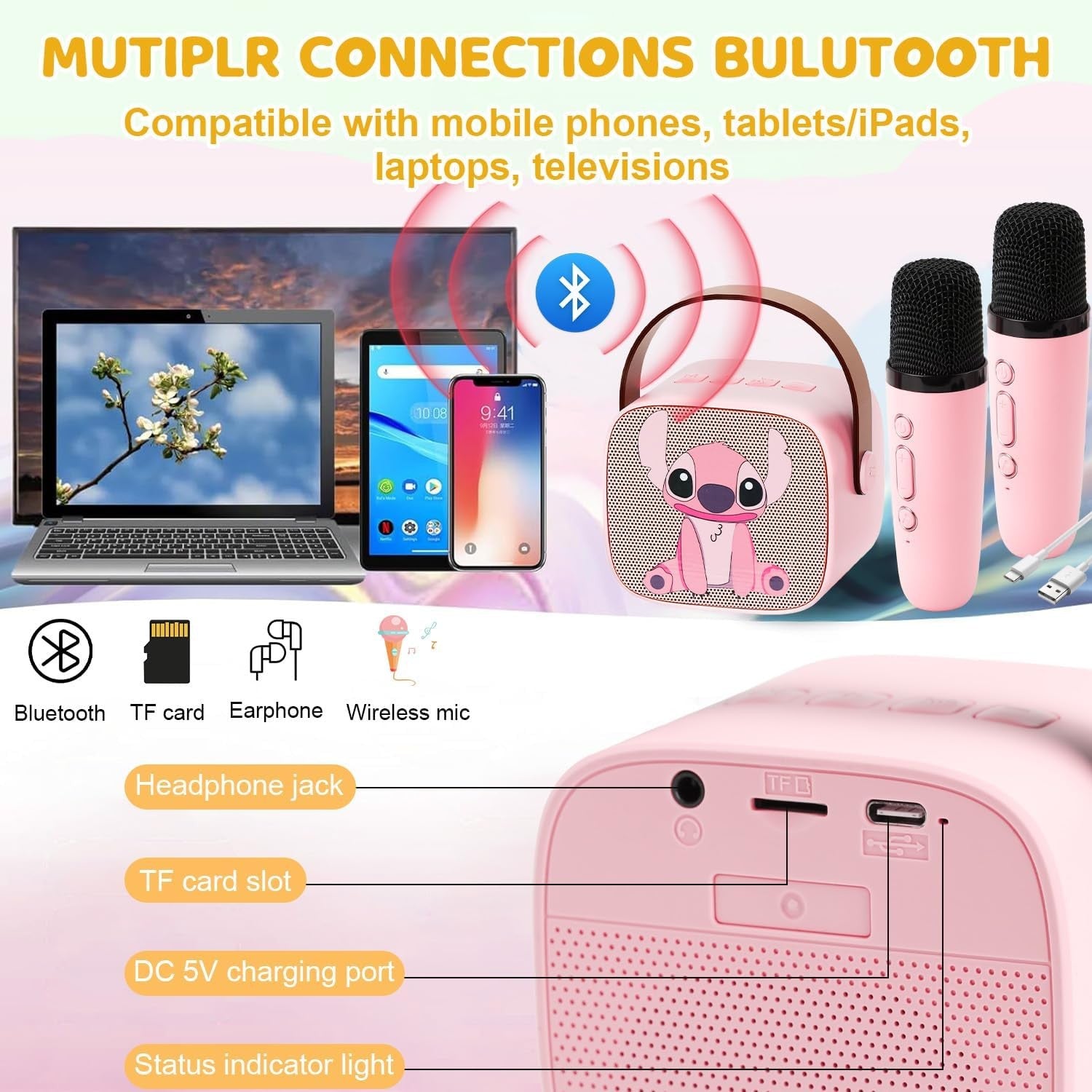 Kids Karaoke Machine Bluetooth Speaker 2 Wireless Mics LED Lights