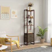 Slim Industrial Display Shelf with Drawers – Rustic Narrow Bookcase Unit