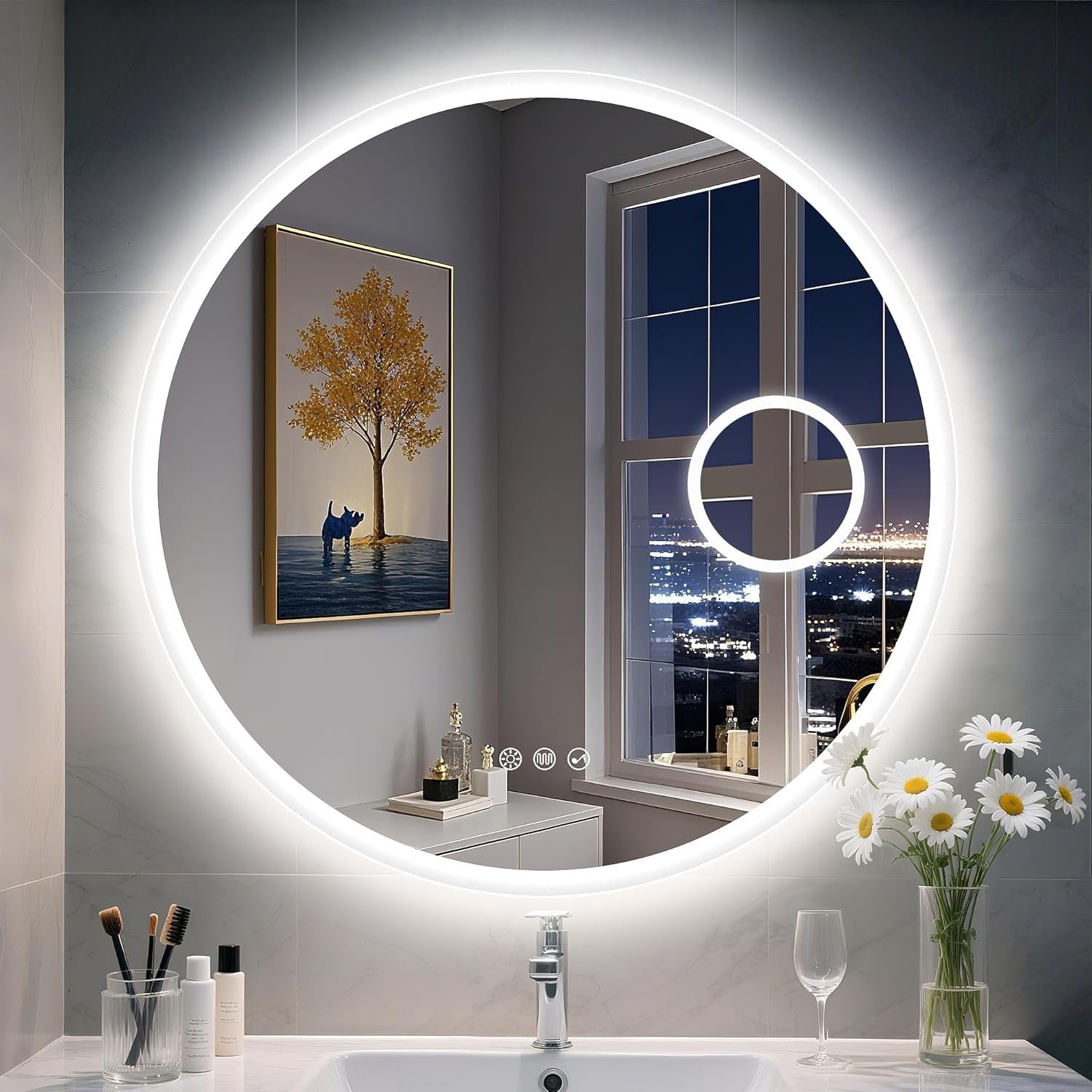 LED Bluetooth Bathroom Mirror 80x80cm with 5x Magnifier & Anti-Fog