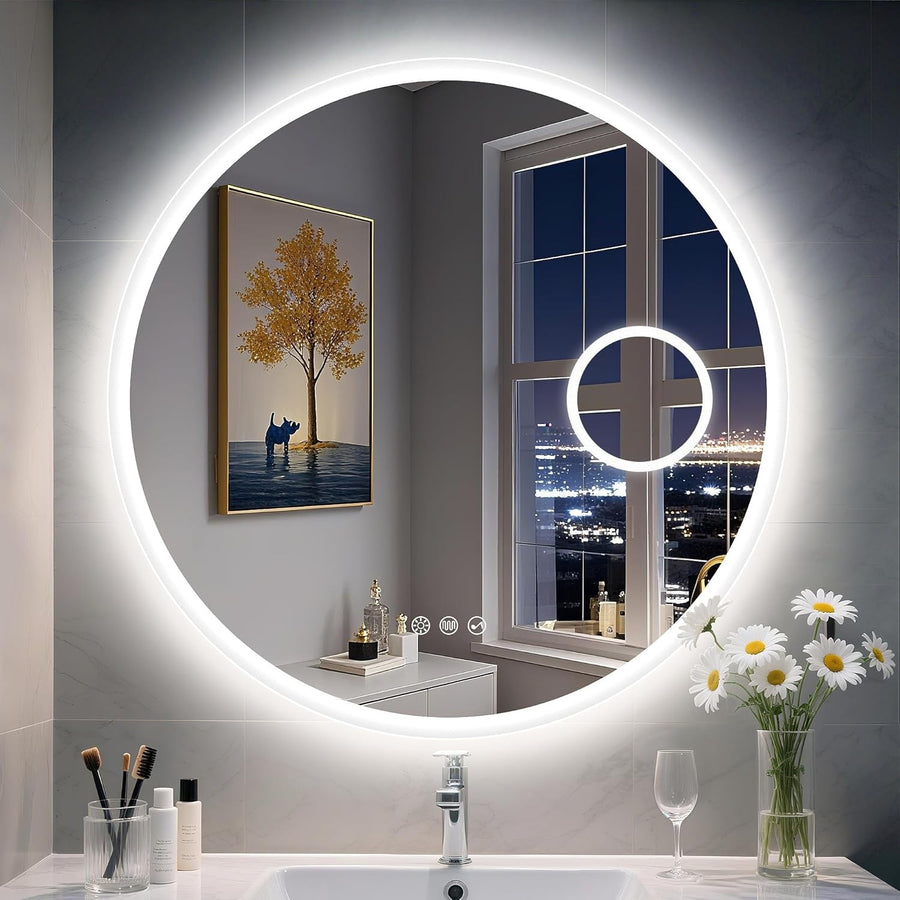LED Bluetooth Bathroom Mirror 80x80cm with 5x Magnifier & Anti-Fog