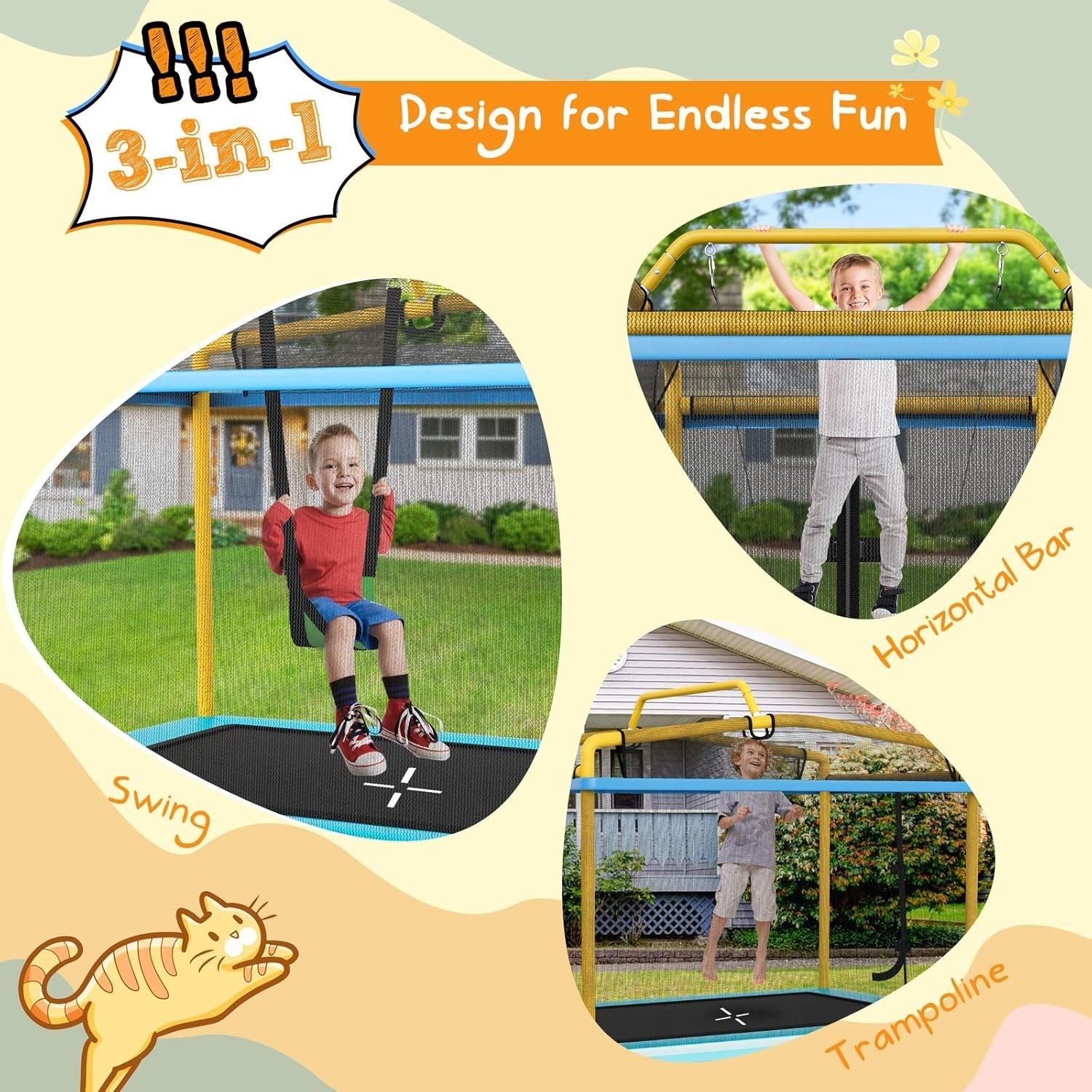 6FT Kids Trampoline 3 in 1 with Swing Bar Safety Net Indoor Outdoor