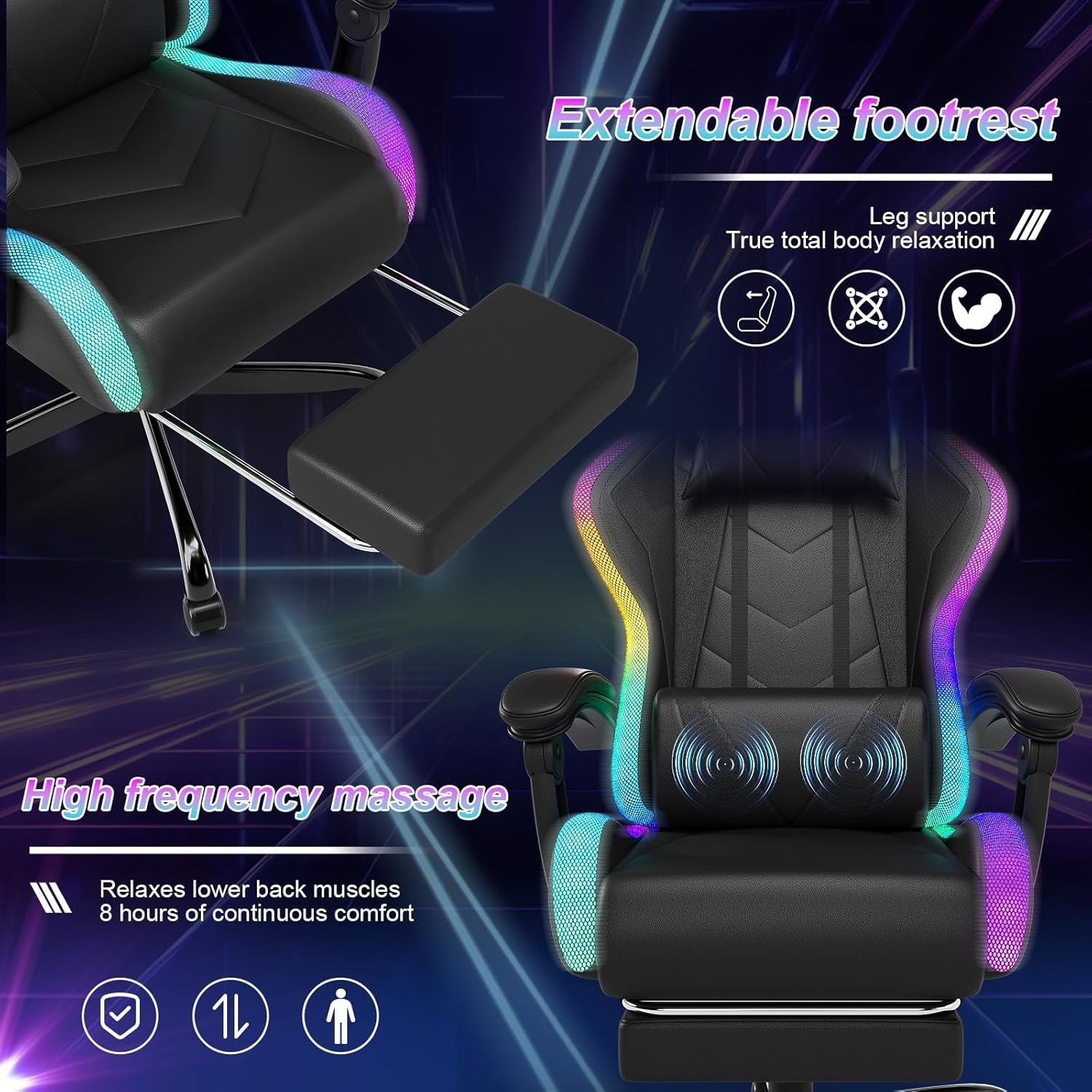 Gaming Chair LED Light RGB Recliner Massage Lumbar Support PU Leather Black