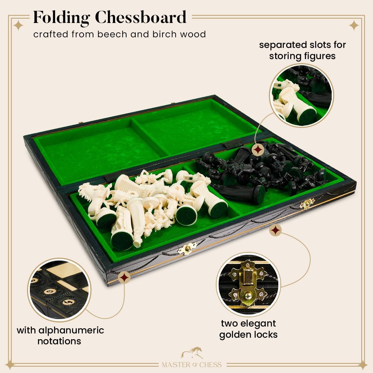 16" Viking Medieval Chess Set Weighted Pieces & Engraved Folding Board