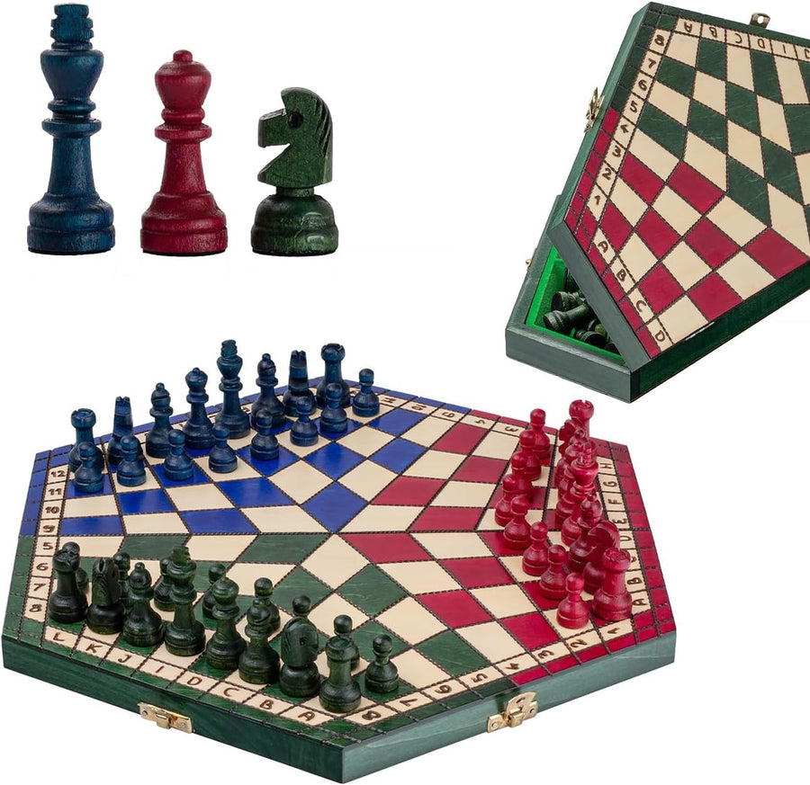 Large 3-Player Wooden Chess Set Hexagonal Board 40×35cm Handcrafted Travel Game