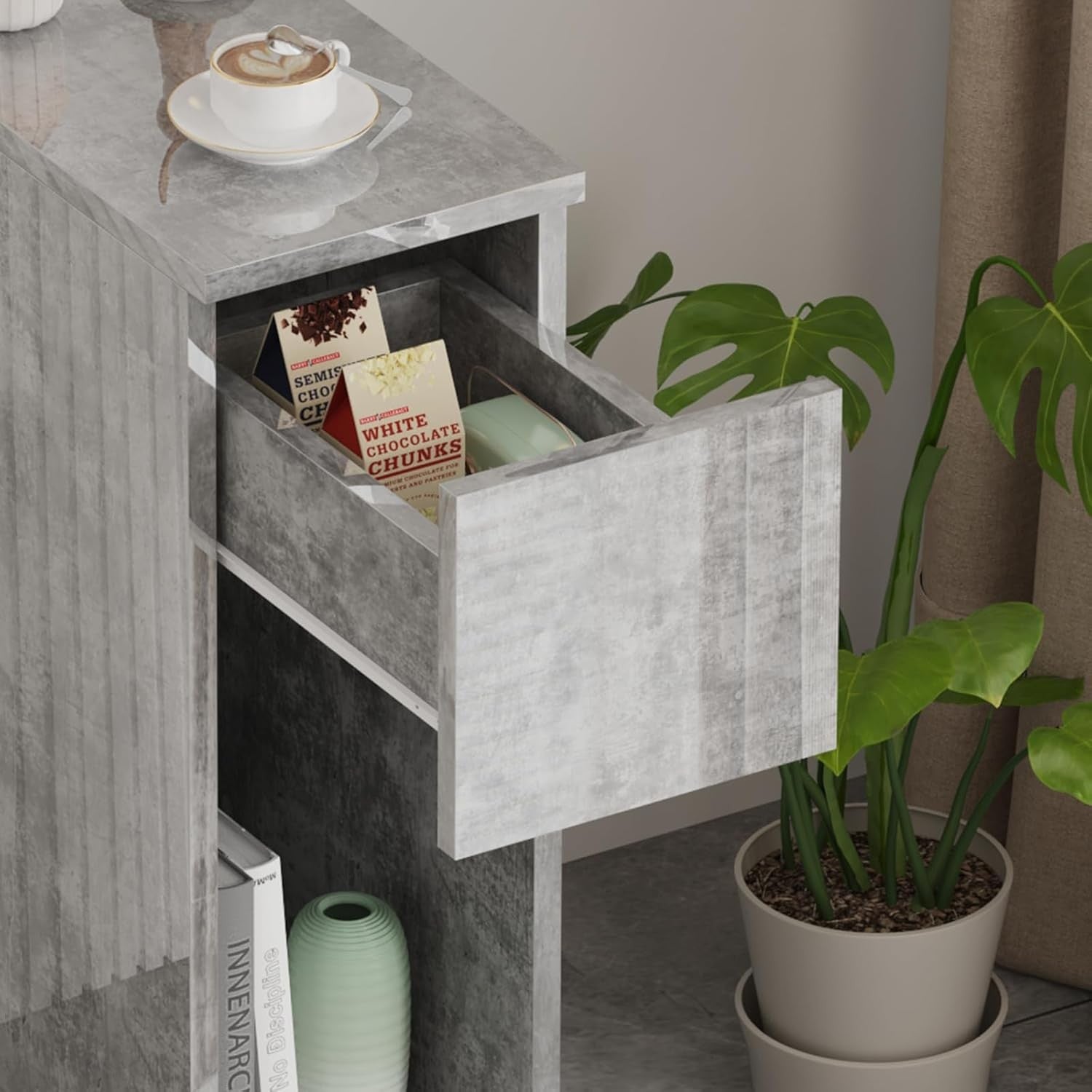 Grey Marble Slim Bedside Table with Drawer & Shelf, Modern Narrow Nightstand