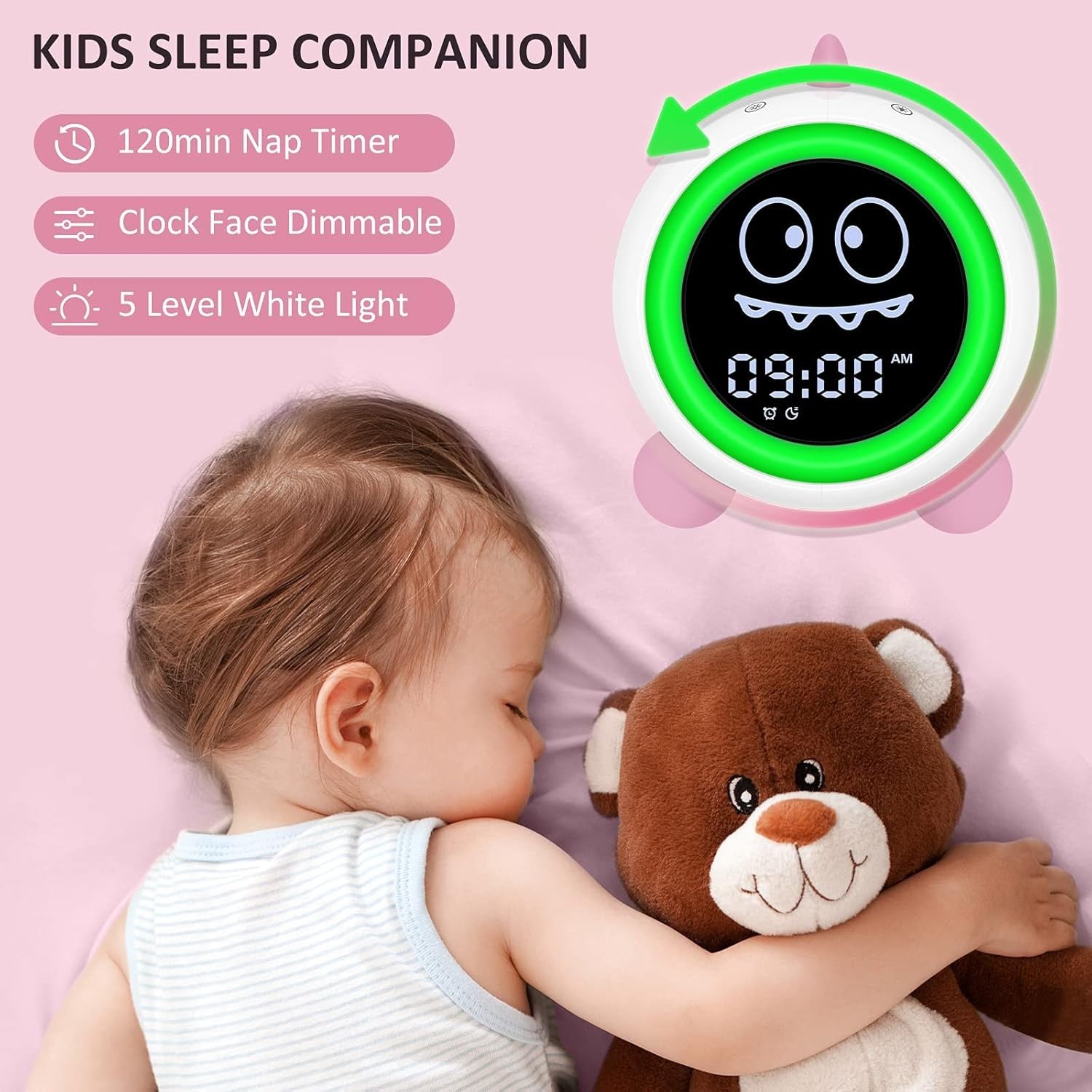 Pink Kids Sleep Training Alarm Clock Night Light Sound Machine Toddler