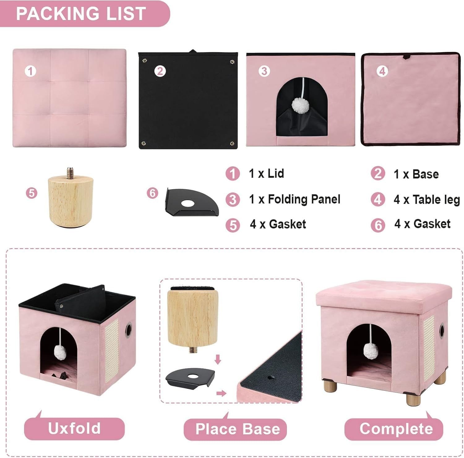 Foldable Cat House Cube Cave w Scratching Board Cushion & Ball Pink