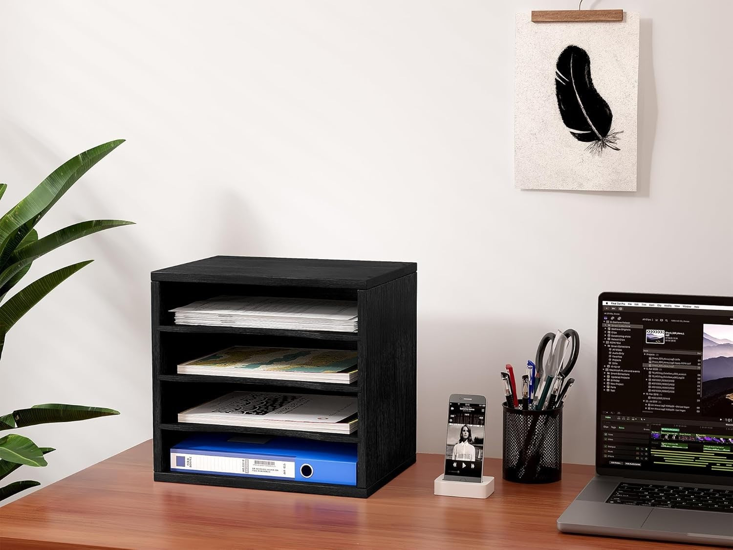 4 Tier A4 Desk File Organizer Wooden Paper Tray Magazine Rack Black