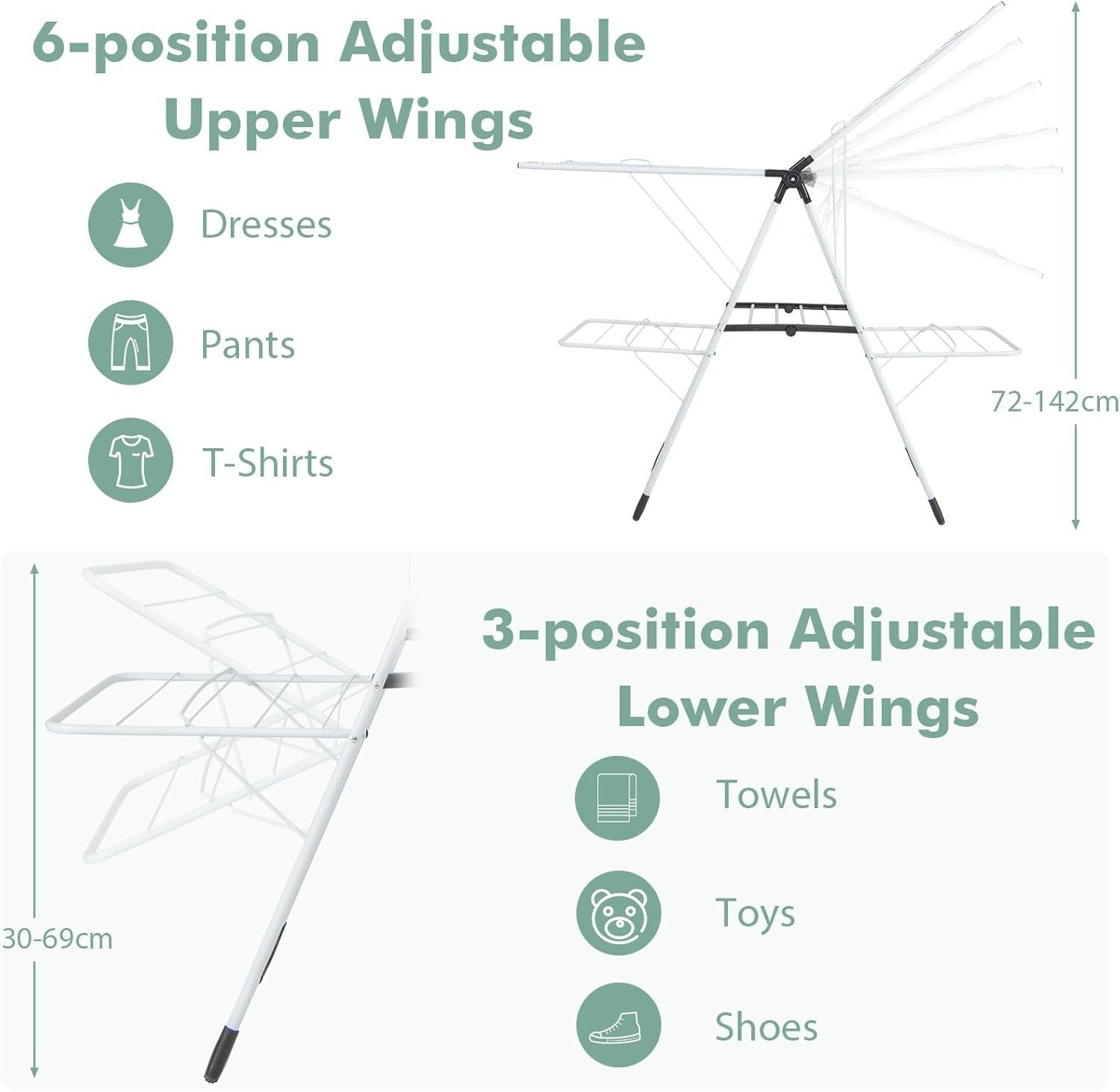 Foldable Clothes Drying Rack 2 Tier Freestanding Airer 33 Rails Adjustable
