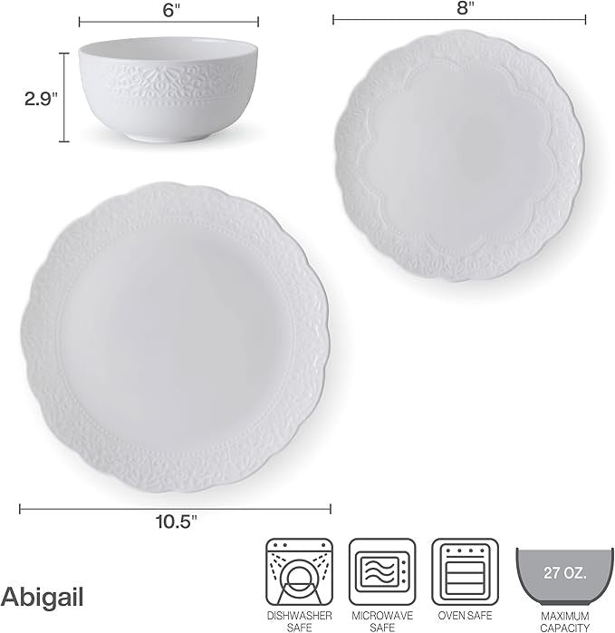 12pc White Bone China Dinnerware Set Chip Resistant Plates Bowls for 4