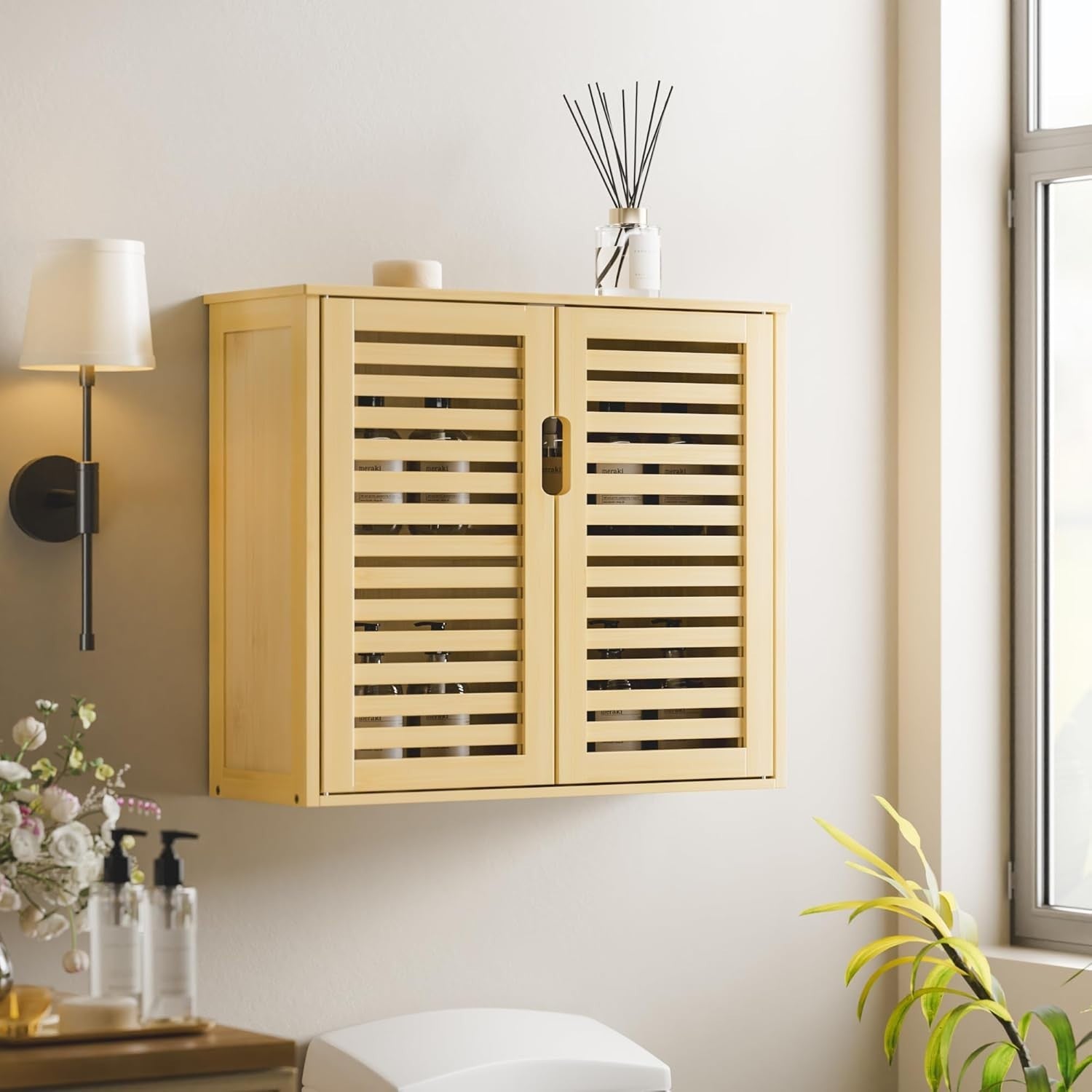 Bamboo Wall Cabinet Bathroom Storage 2 Doors Adjustable Shelves Natural